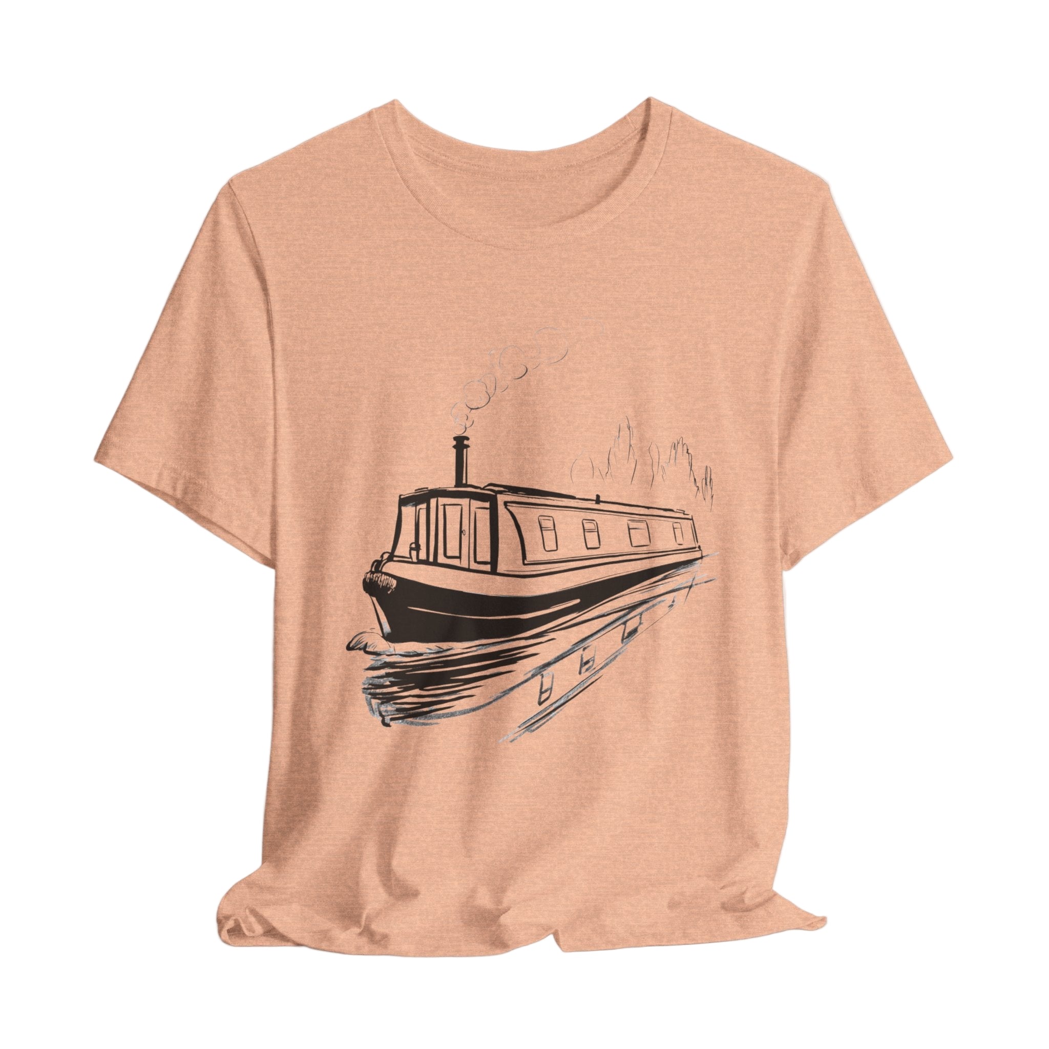 Peach-colored t-shirt with a black boat graphic on a light gray background