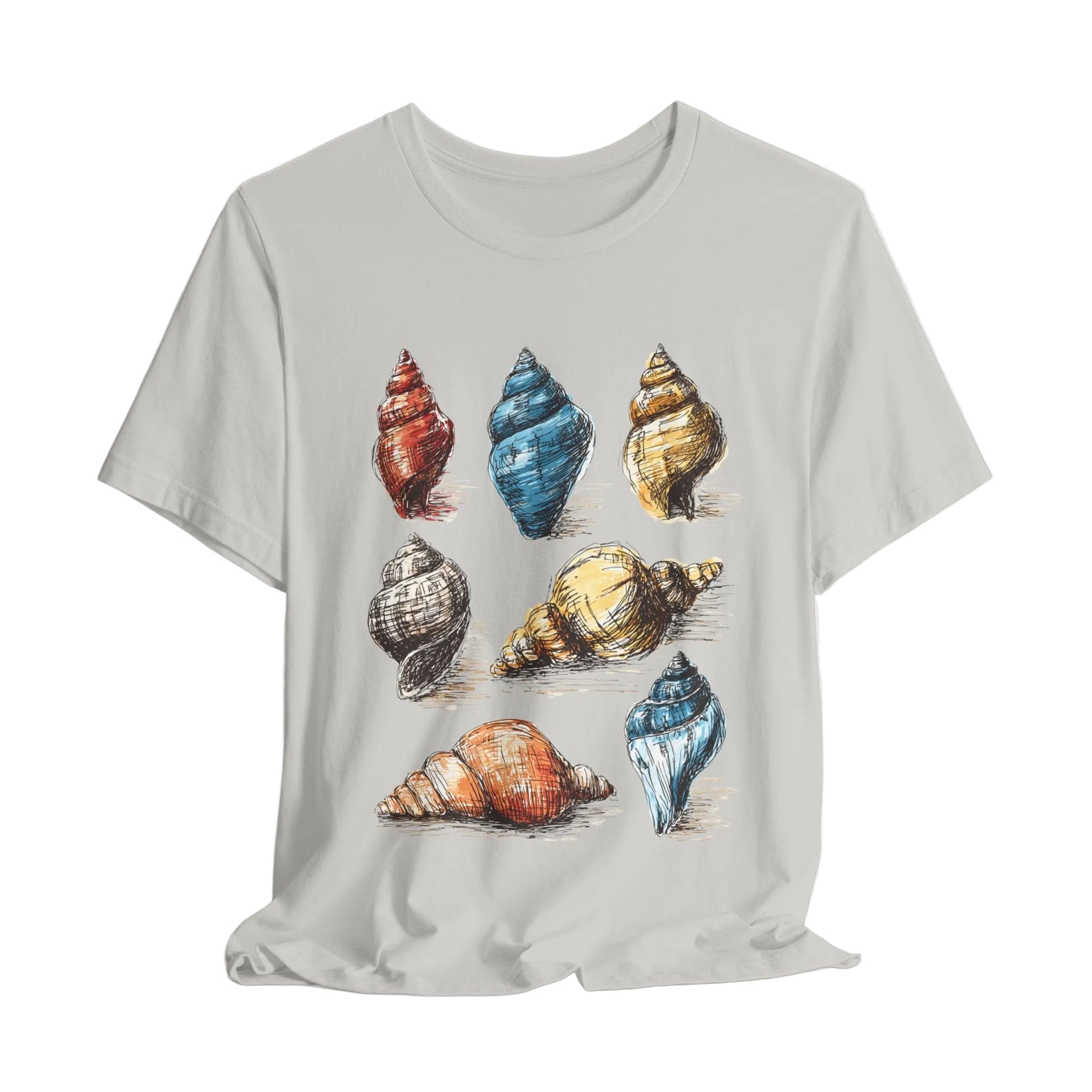 Gray t-shirt with colorful shell design on a light gray background
