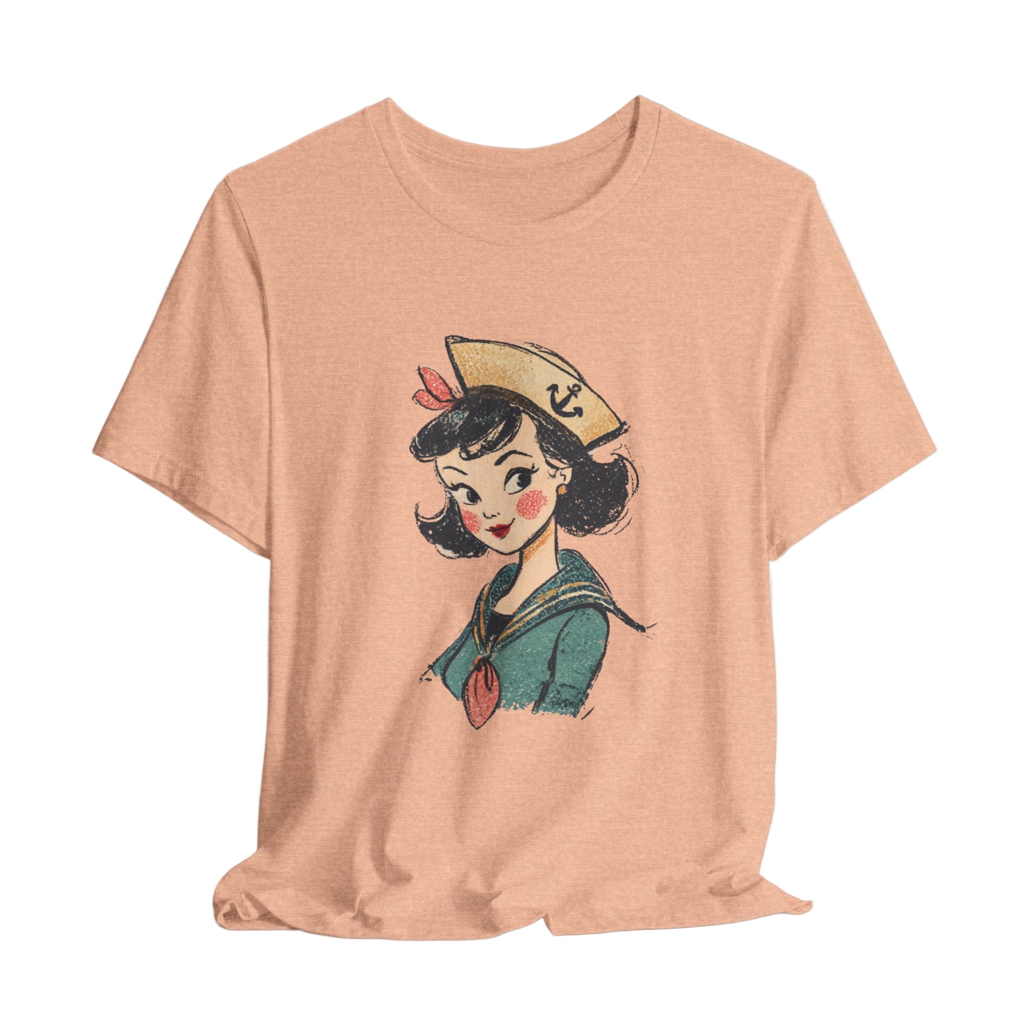 Peach t-shirt with a vintage-style graphic of a girl in a sailor outfit on a light gray background