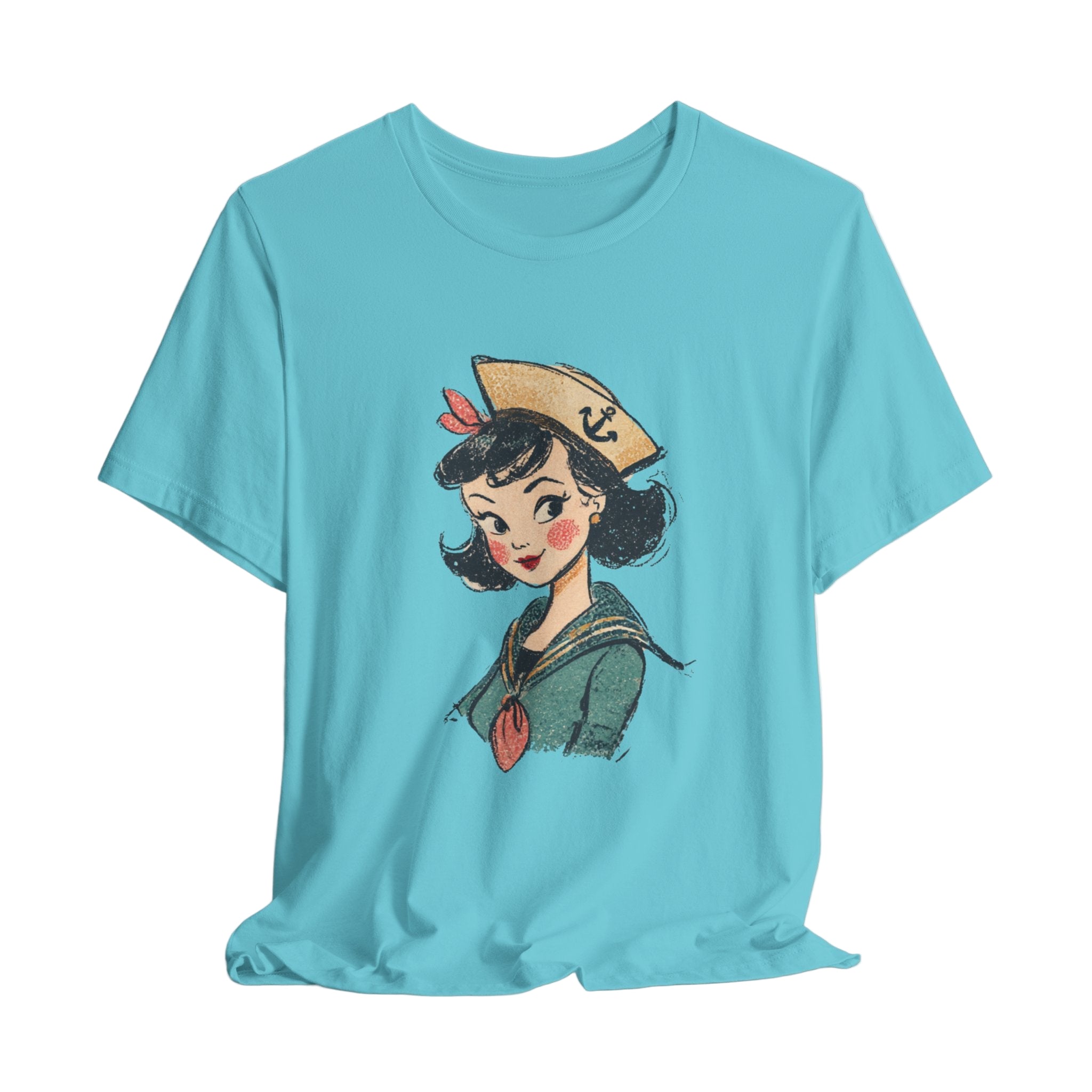 Light blue t-shirt with a vintage-style graphic of a girl in a sailor outfit on a light gray background