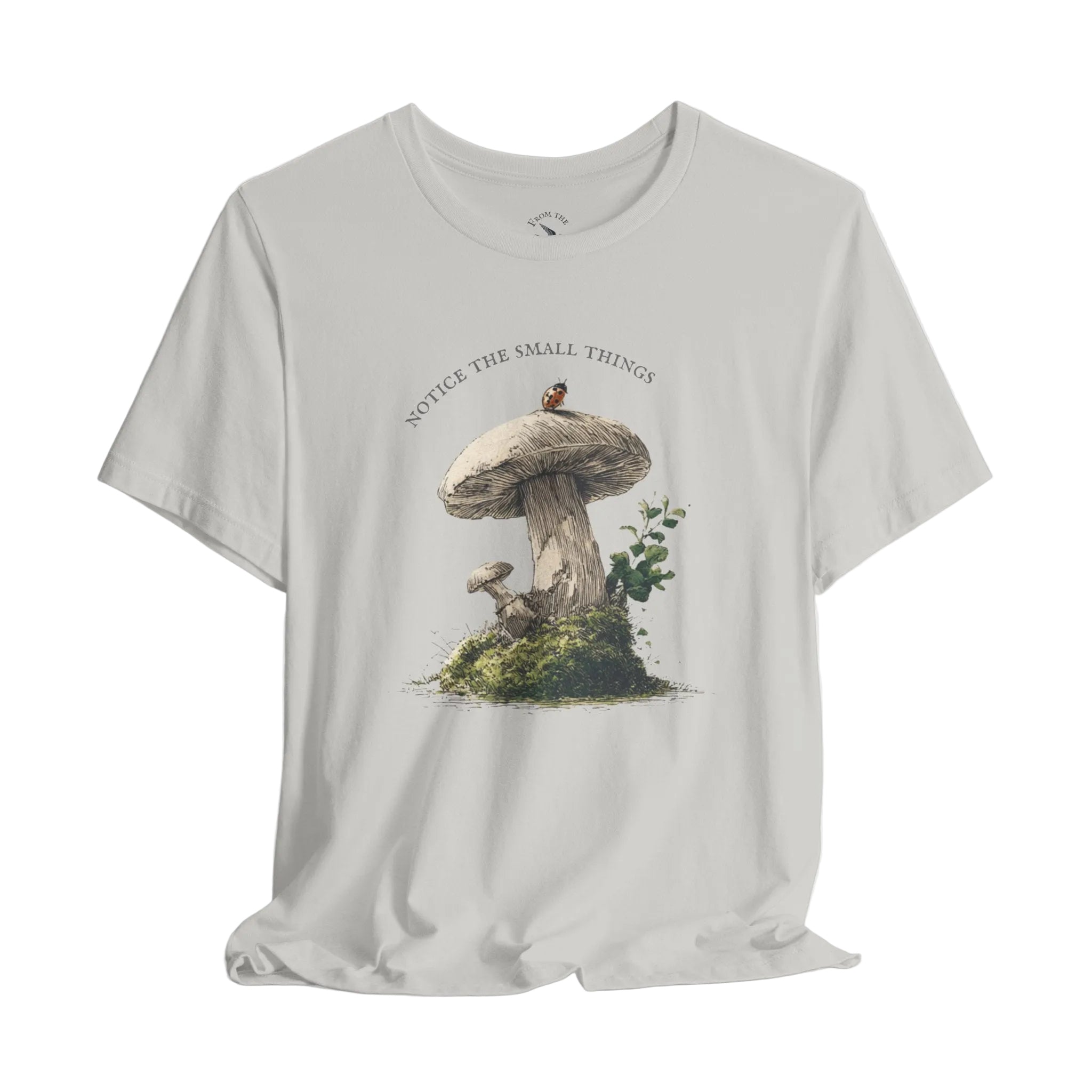 Gray t-shirt with a mushroom graphic and text on a white background