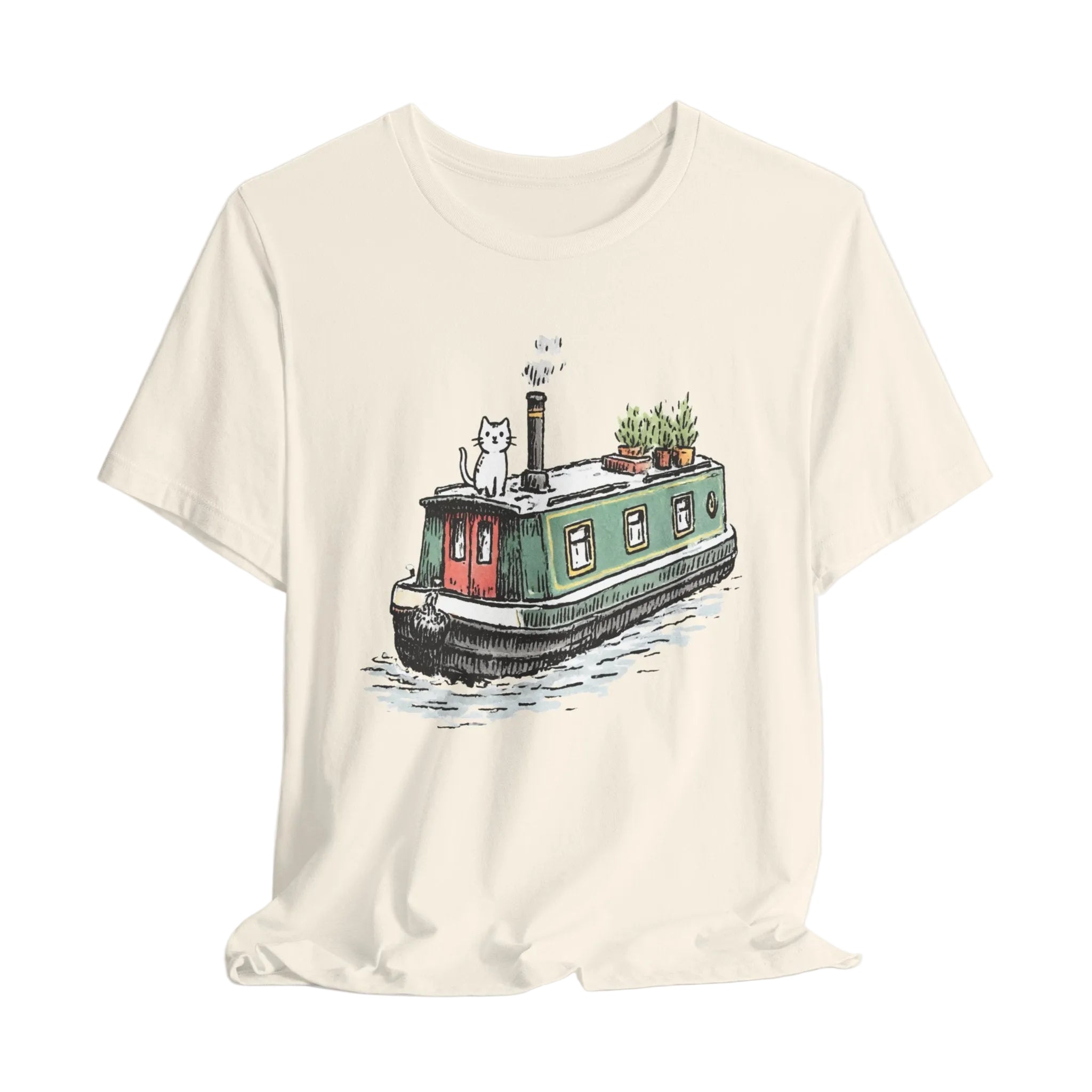 Beige t-shirt with a boat and cat graphic on a light gray background