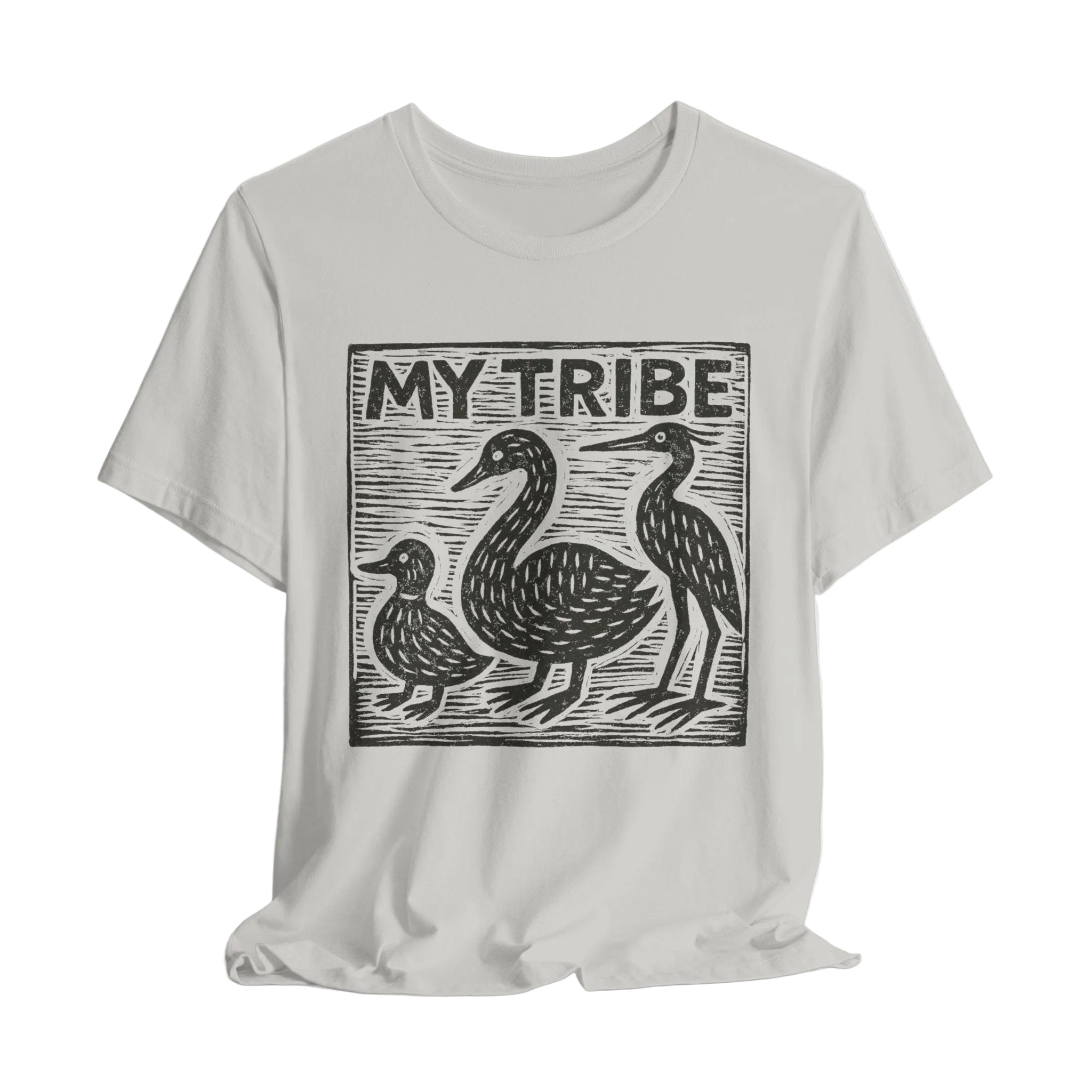 White t-shirt with 'My Tribe' graphic design featuring birds on a white background