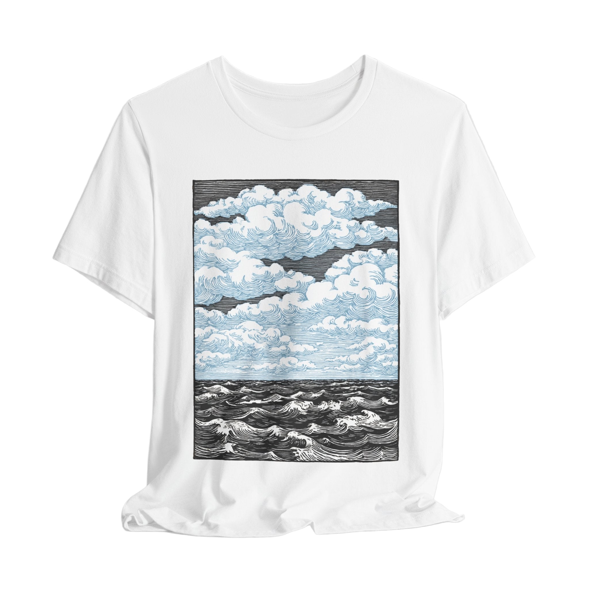 White t-shirt with a graphic design of clouds and water on a white background