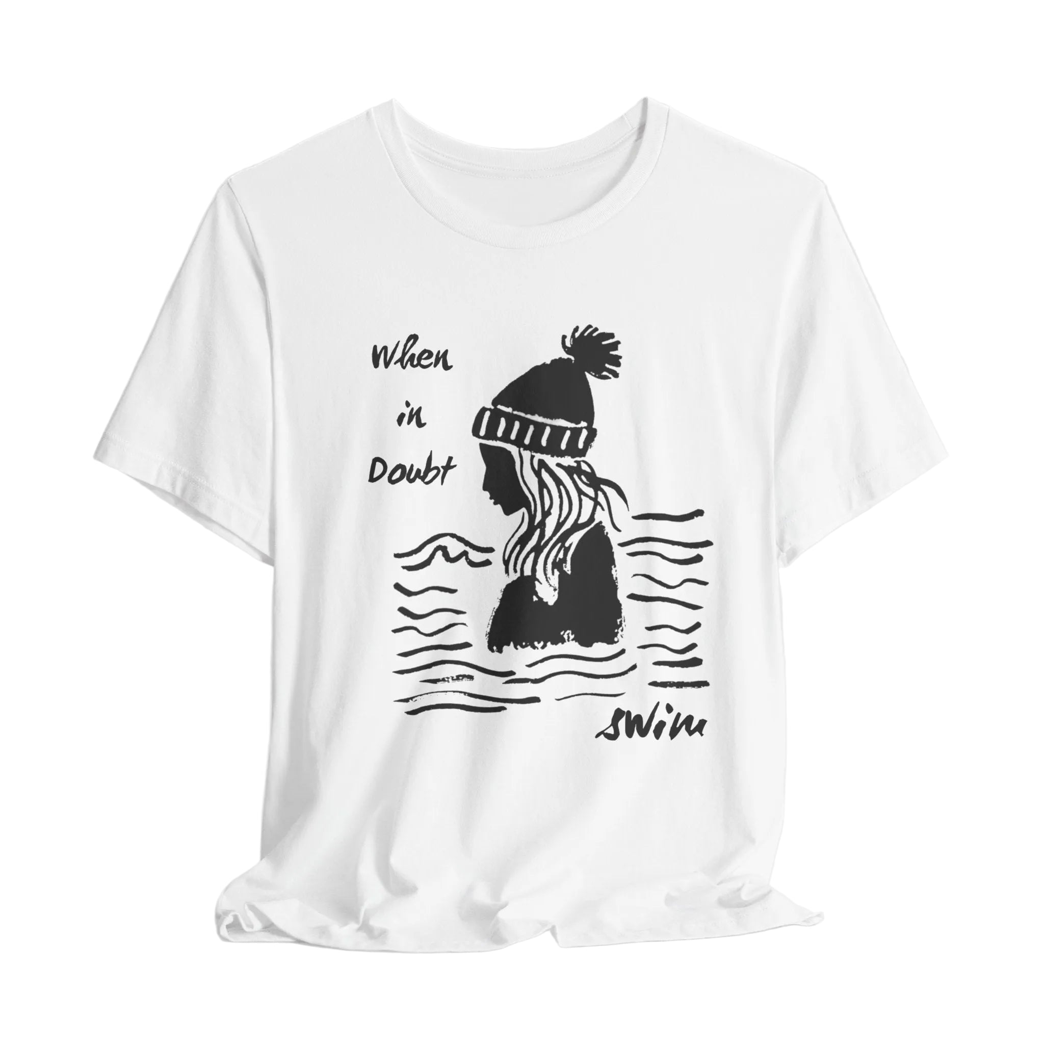 White t-shirt with black graphic design of a person wearing a beanie and text on a white background