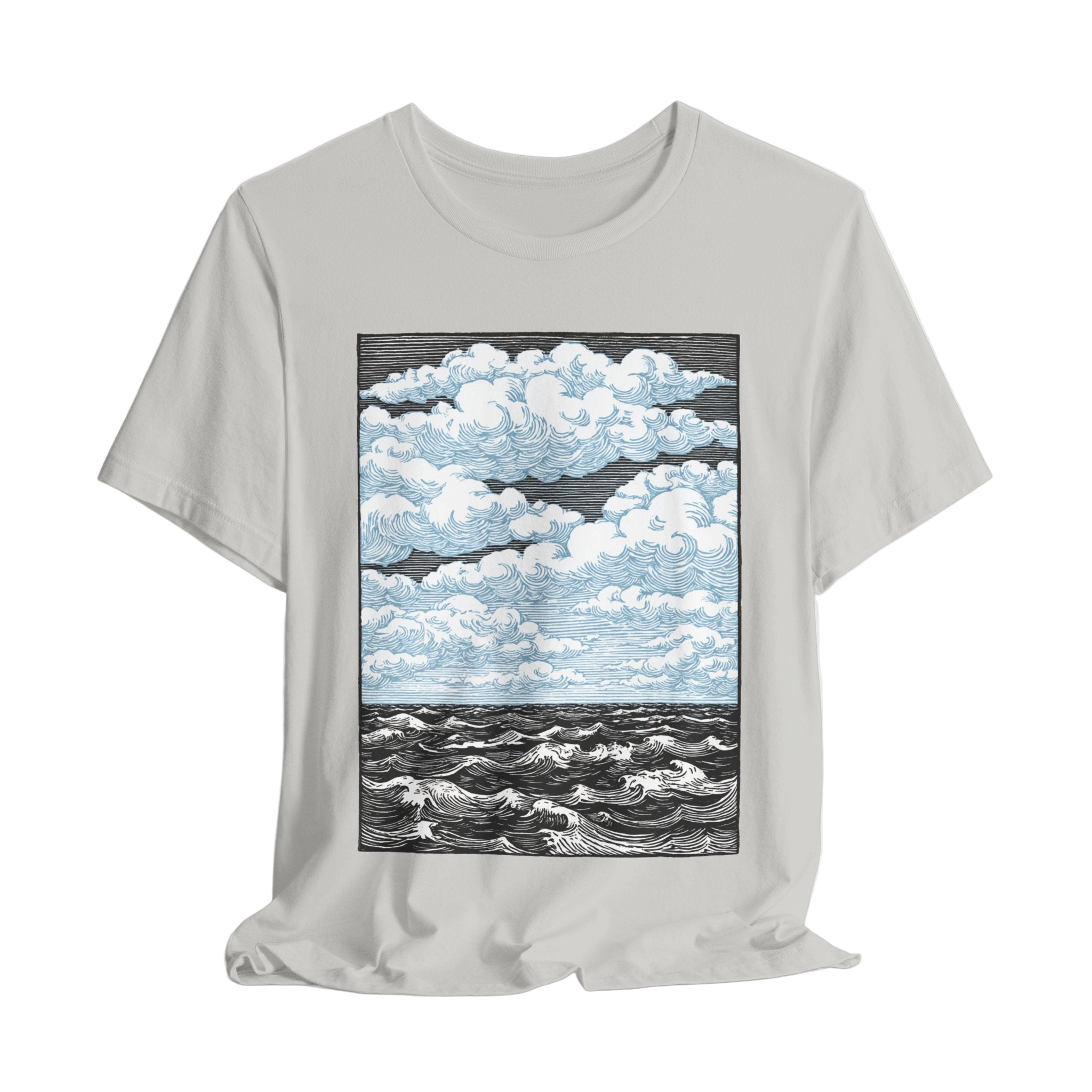 Gray t-shirt with a graphic of clouds and water on a white background