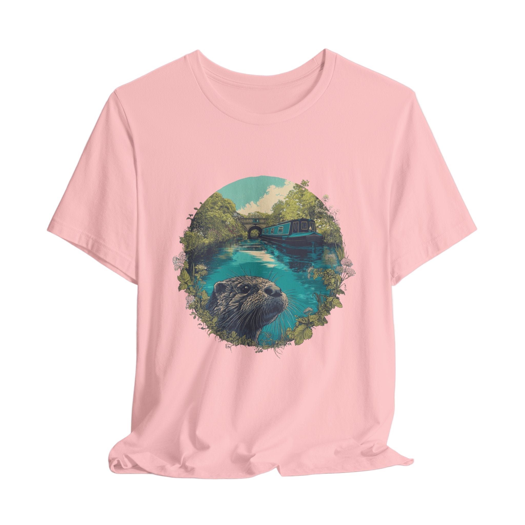 Pink t-shirt with a graphic of a river otter and nature elements on a light gray background