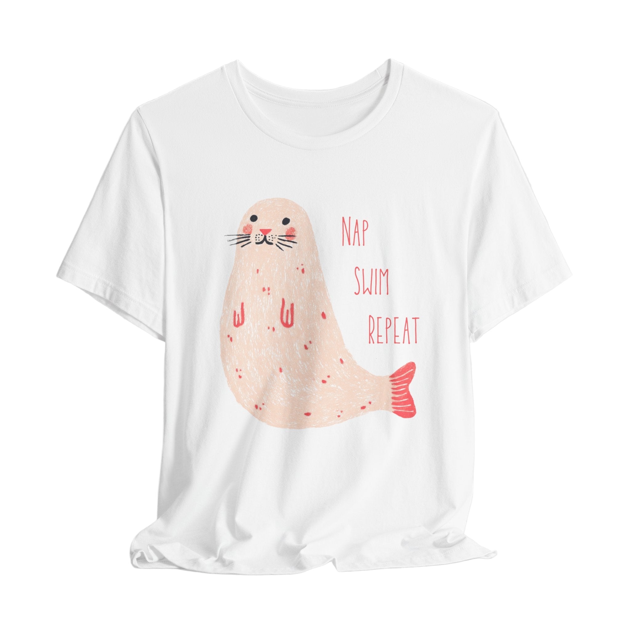 White t-shirt with a seal graphic and text 'Nap Swim Repeat' on a white background