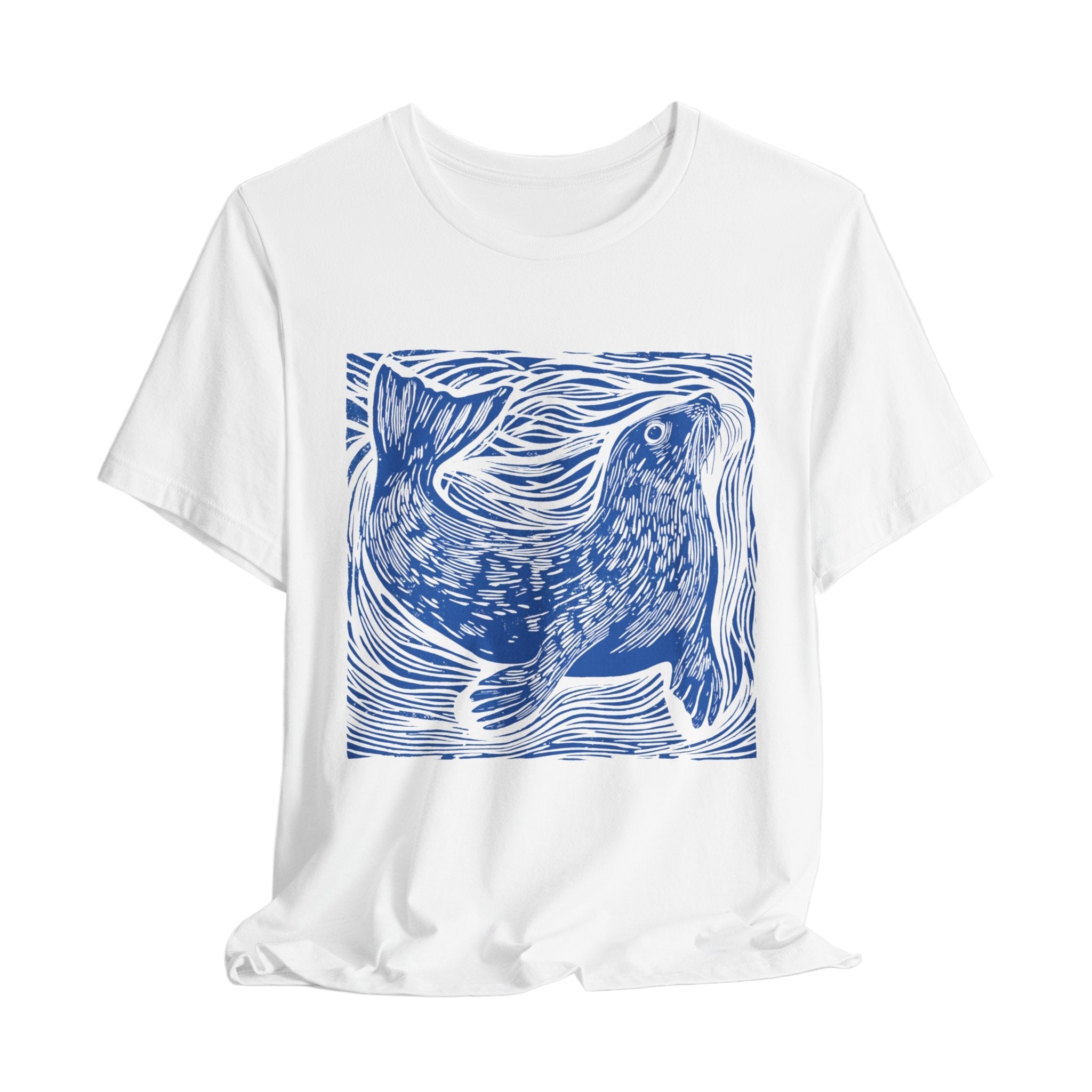 White t-shirt with a blue seal design on a white background
