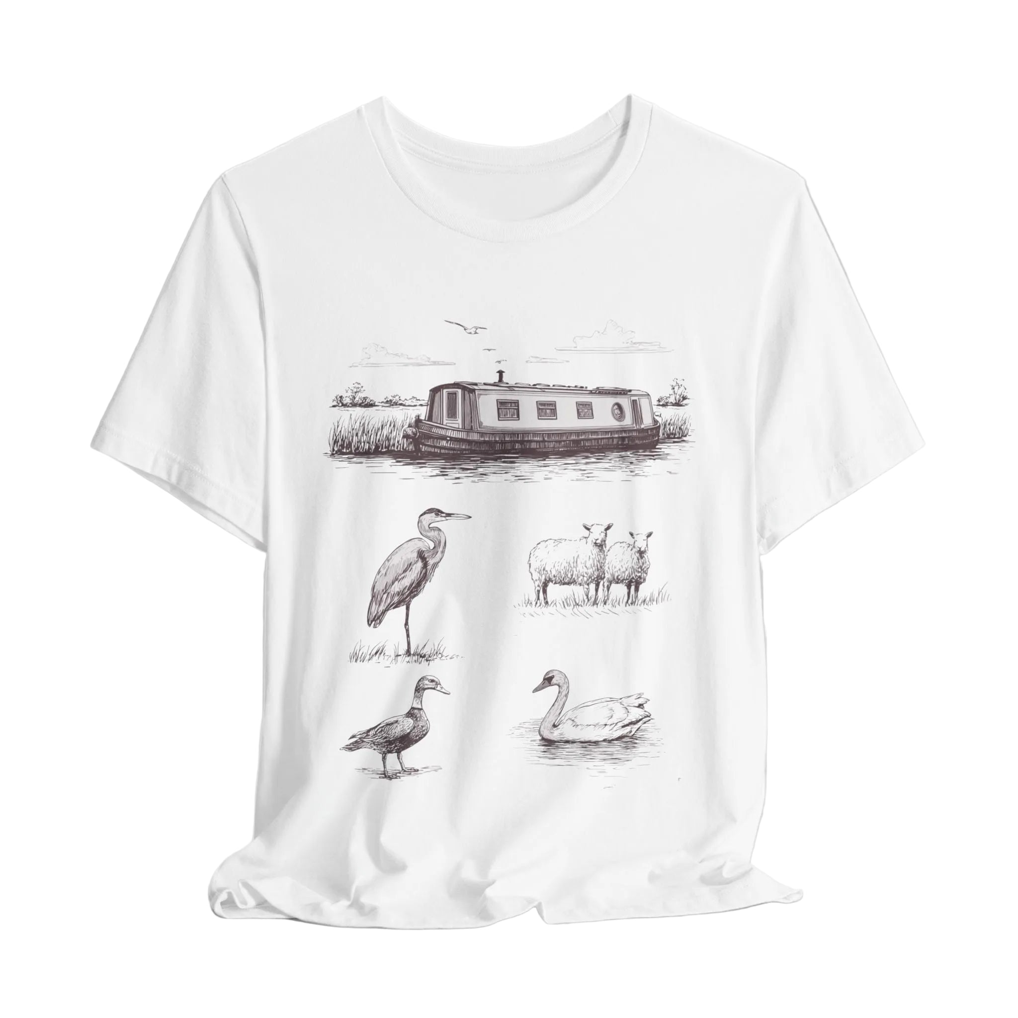 White t-shirt with black illustrations of a houseboat, sheep, and birds on a gray background