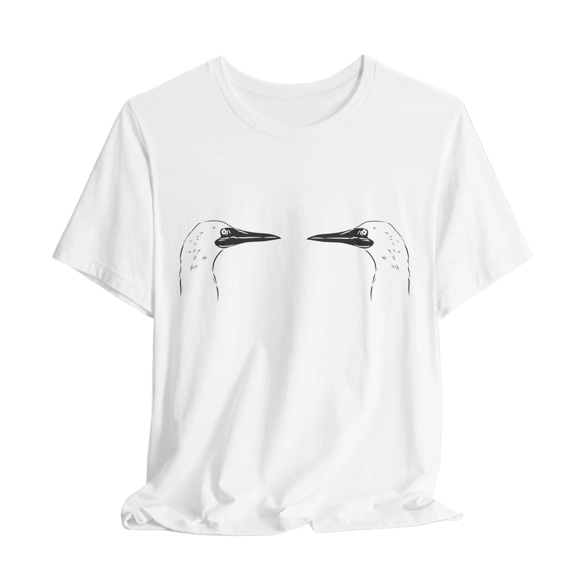 White t-shirt with black bird illustrations on a white background