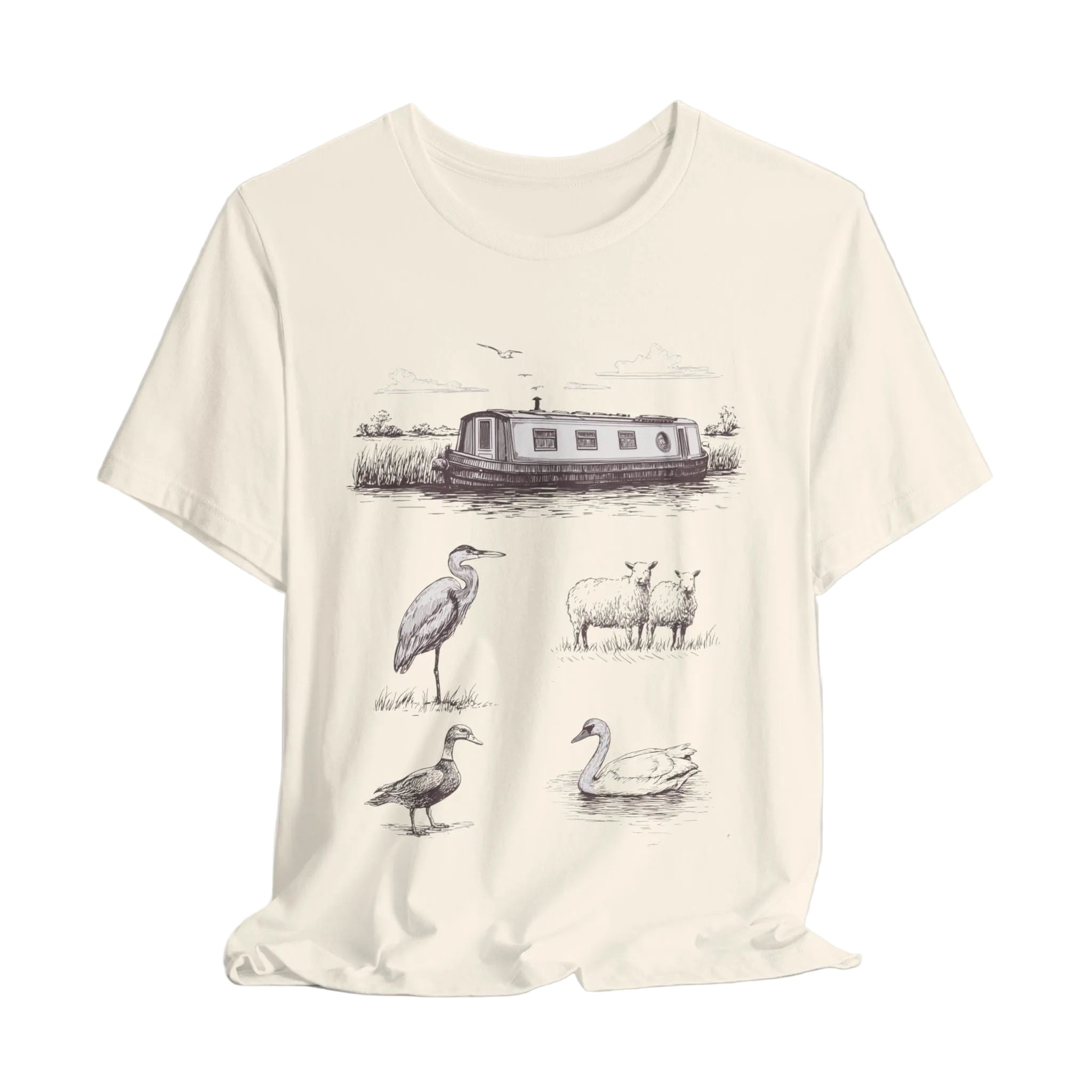 White t-shirt with black illustrations of a boat, sheep, and birds on a gray background