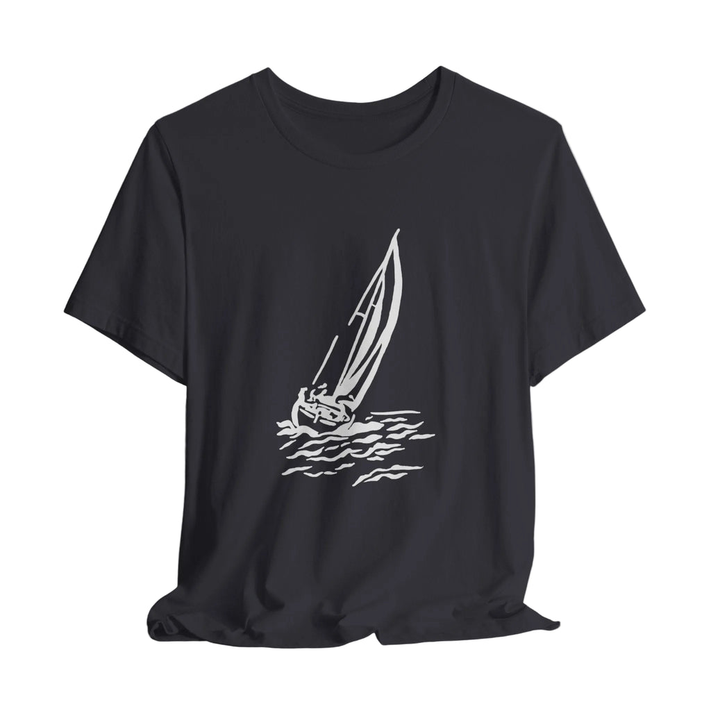Black t-shirt with a white sailboat graphic on a light gray background