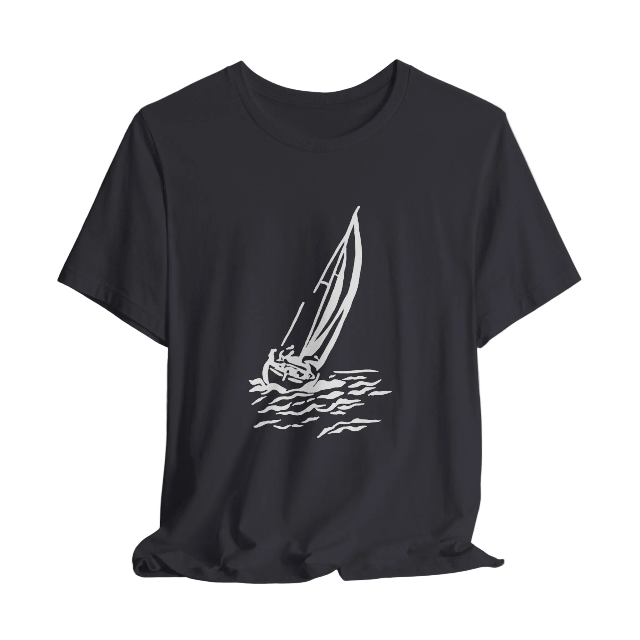 Black t-shirt with a white sailboat graphic on a light gray background