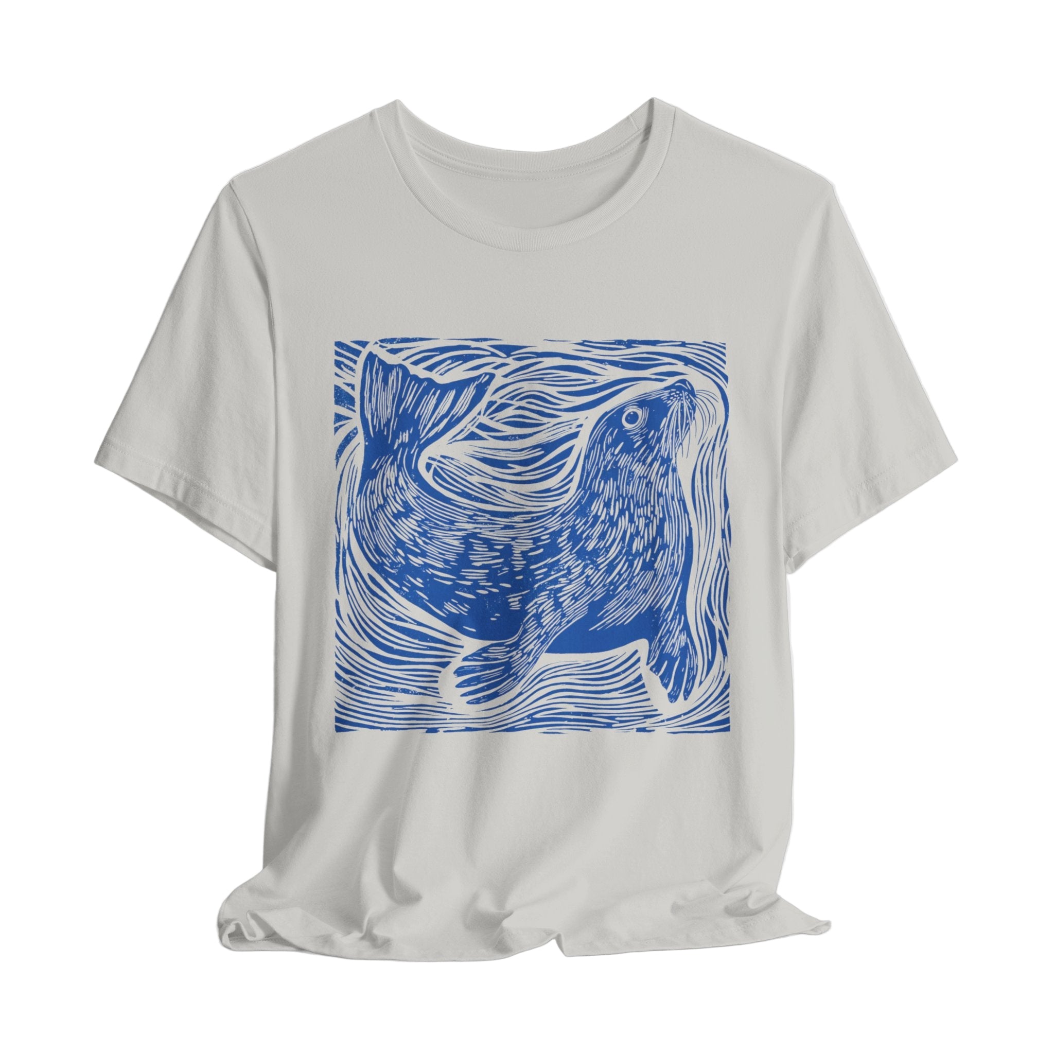 Grey t-shirt with a blue seal design on a white background