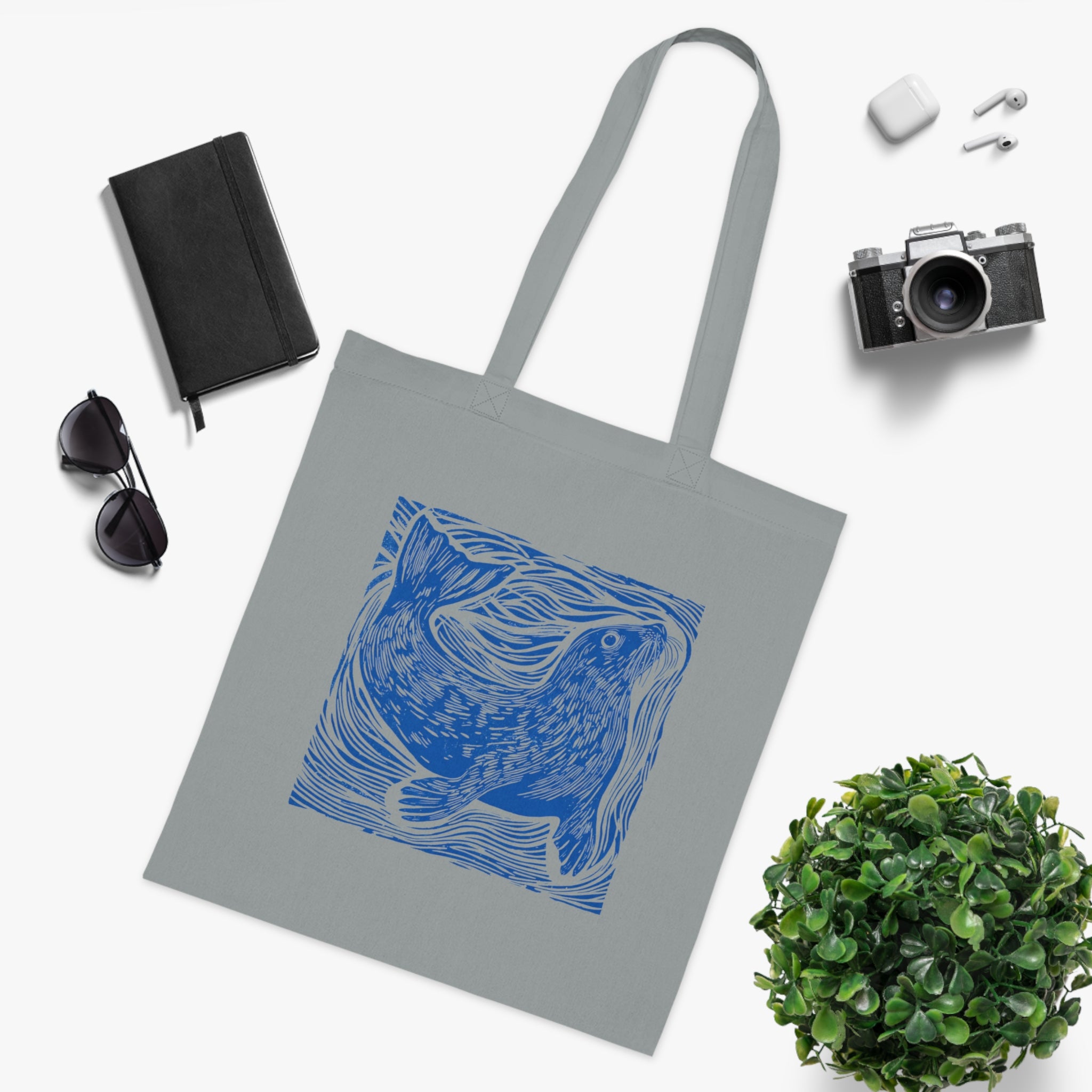 Curious Seal Rustic Print Cotton Tote Bag