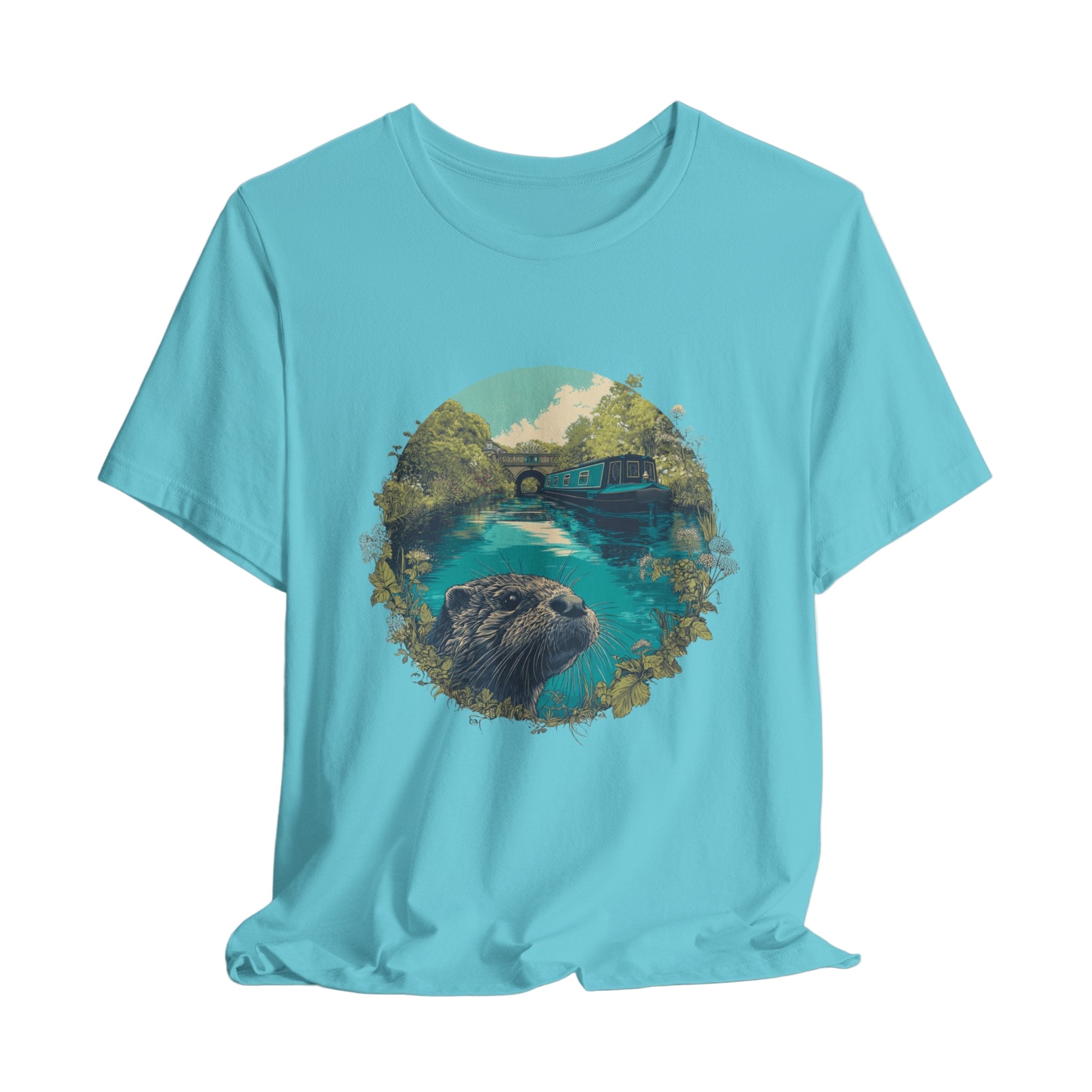 Light blue t-shirt with a graphic of an otter and nature scene on a white background