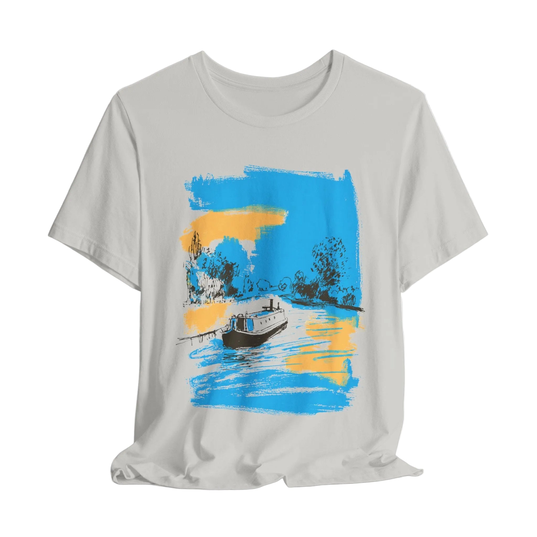 Gray t-shirt with a graphic of a boat on water and trees in the background