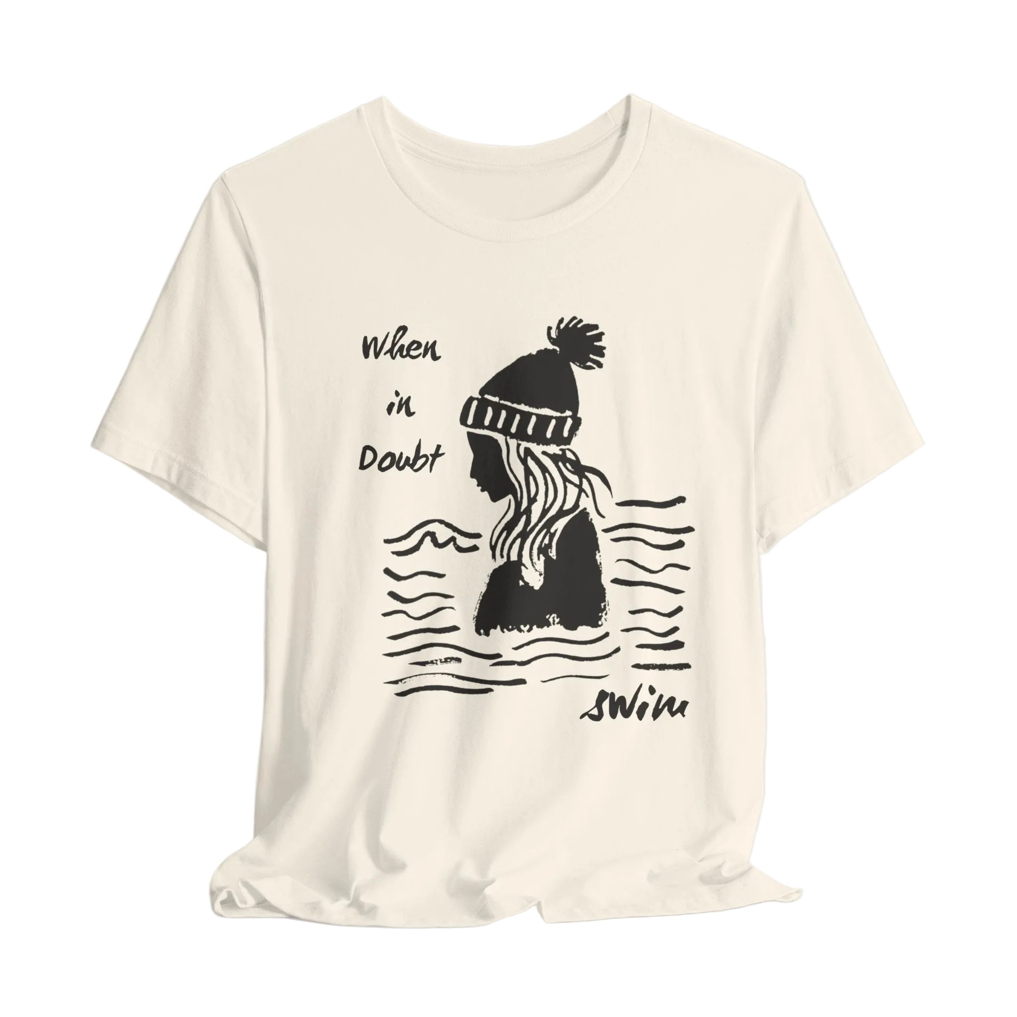 White t-shirt with black graphic design and text on a light gray background