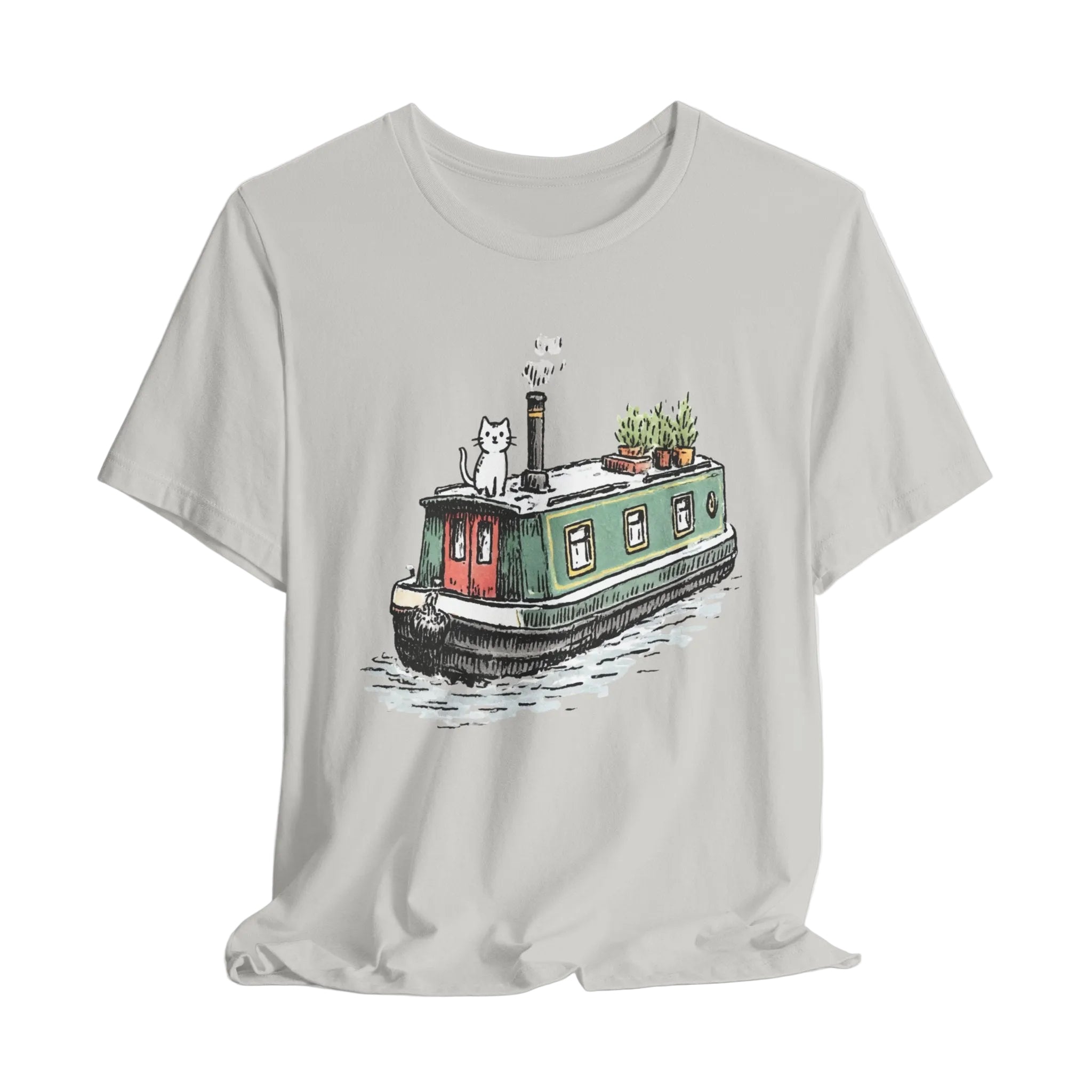 Gray t-shirt with a boat and cat graphic on a white background