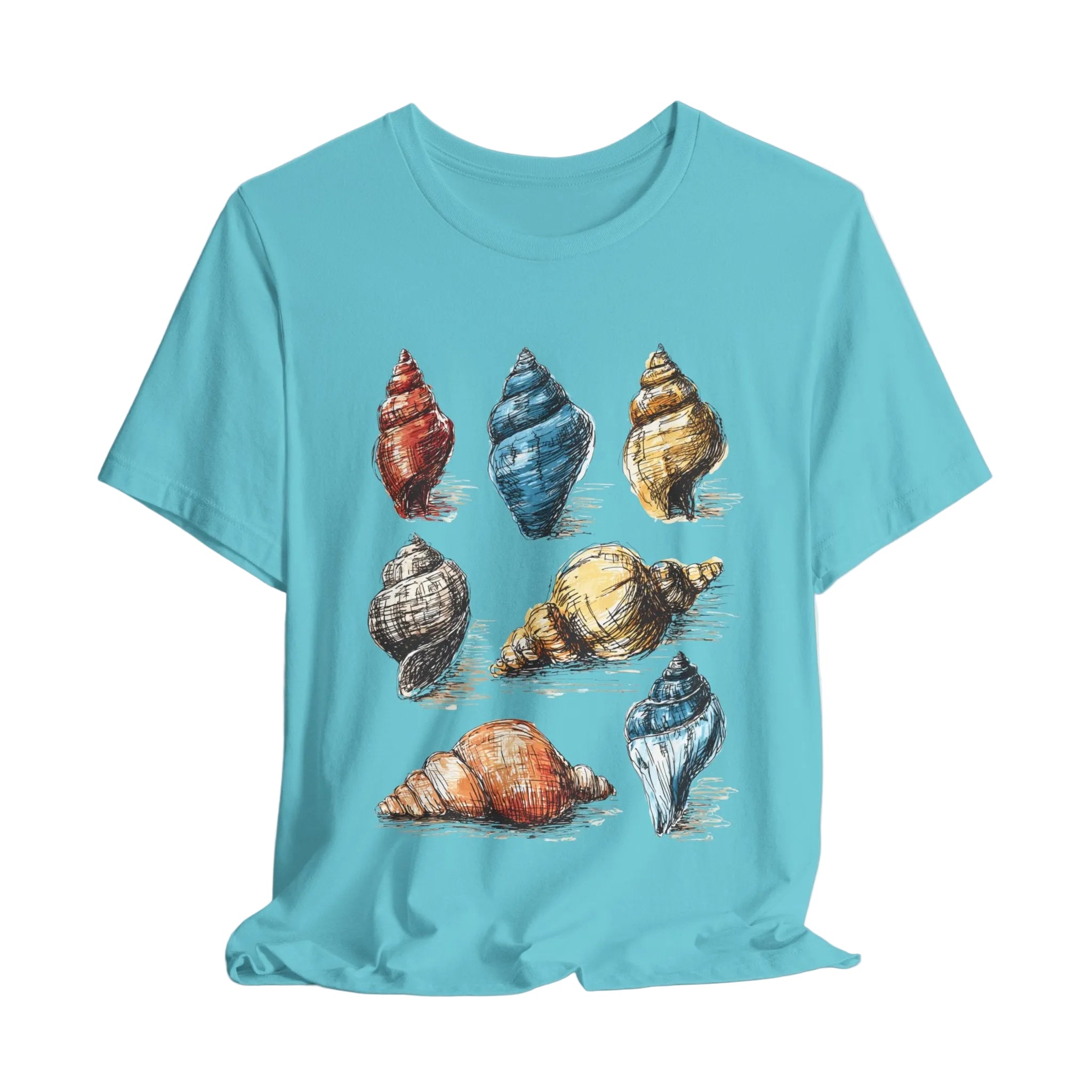 Light blue t-shirt with colorful shell designs on a light gray background