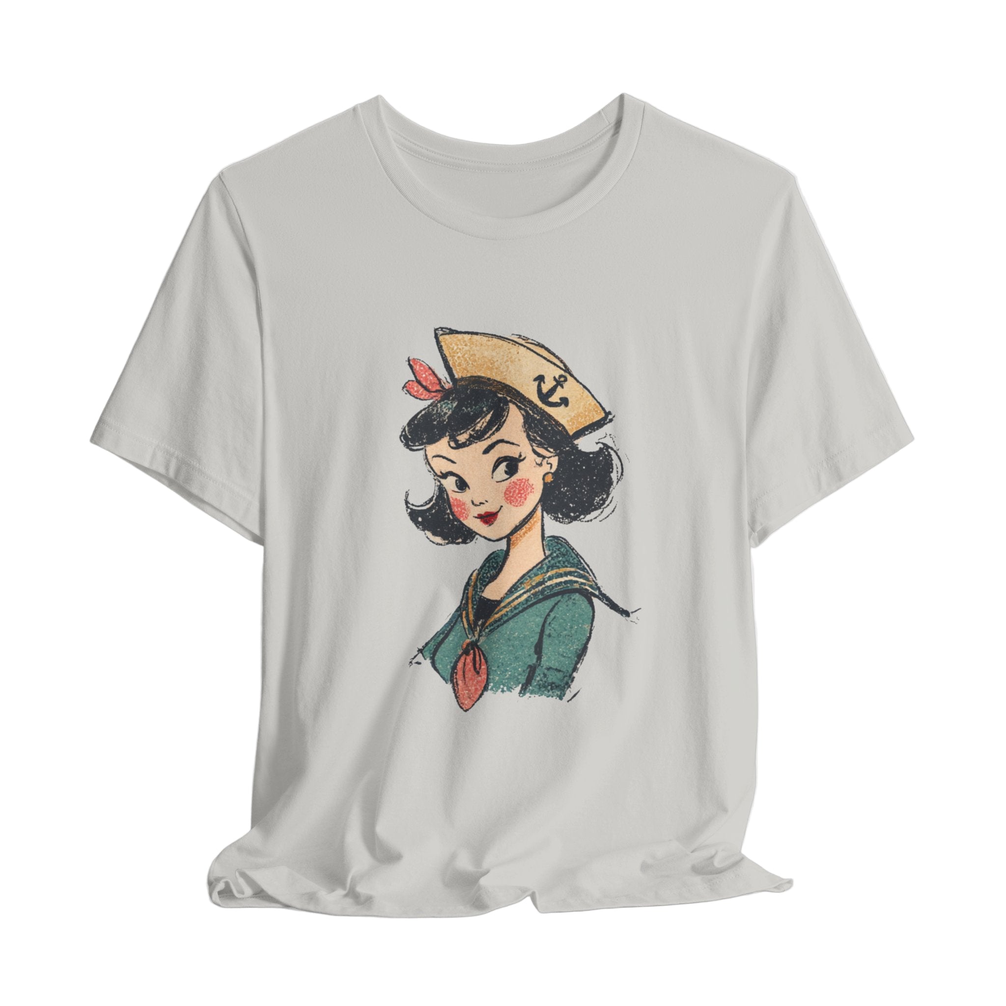 Gray t-shirt with a graphic of a vintage-style sailor girl design on a white background