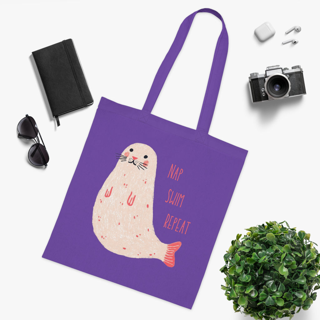 ‘Nap, Swim, Repeat’ Seal Cotton Tote Bag