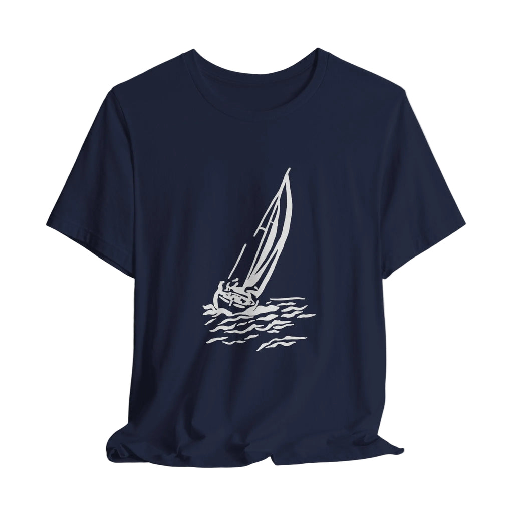 Navy blue t-shirt with a white sailboat graphic on a light gray background