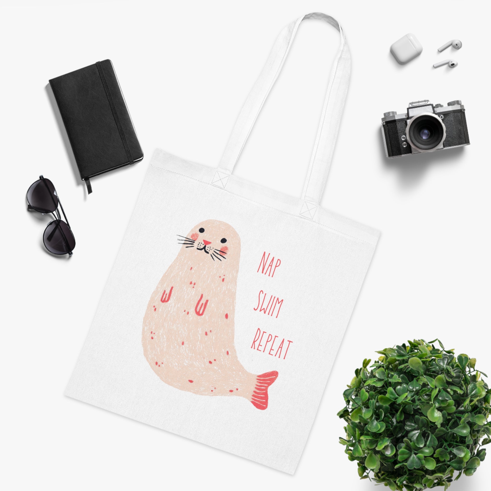 ‘Nap, Swim, Repeat’ Seal Cotton Tote Bag