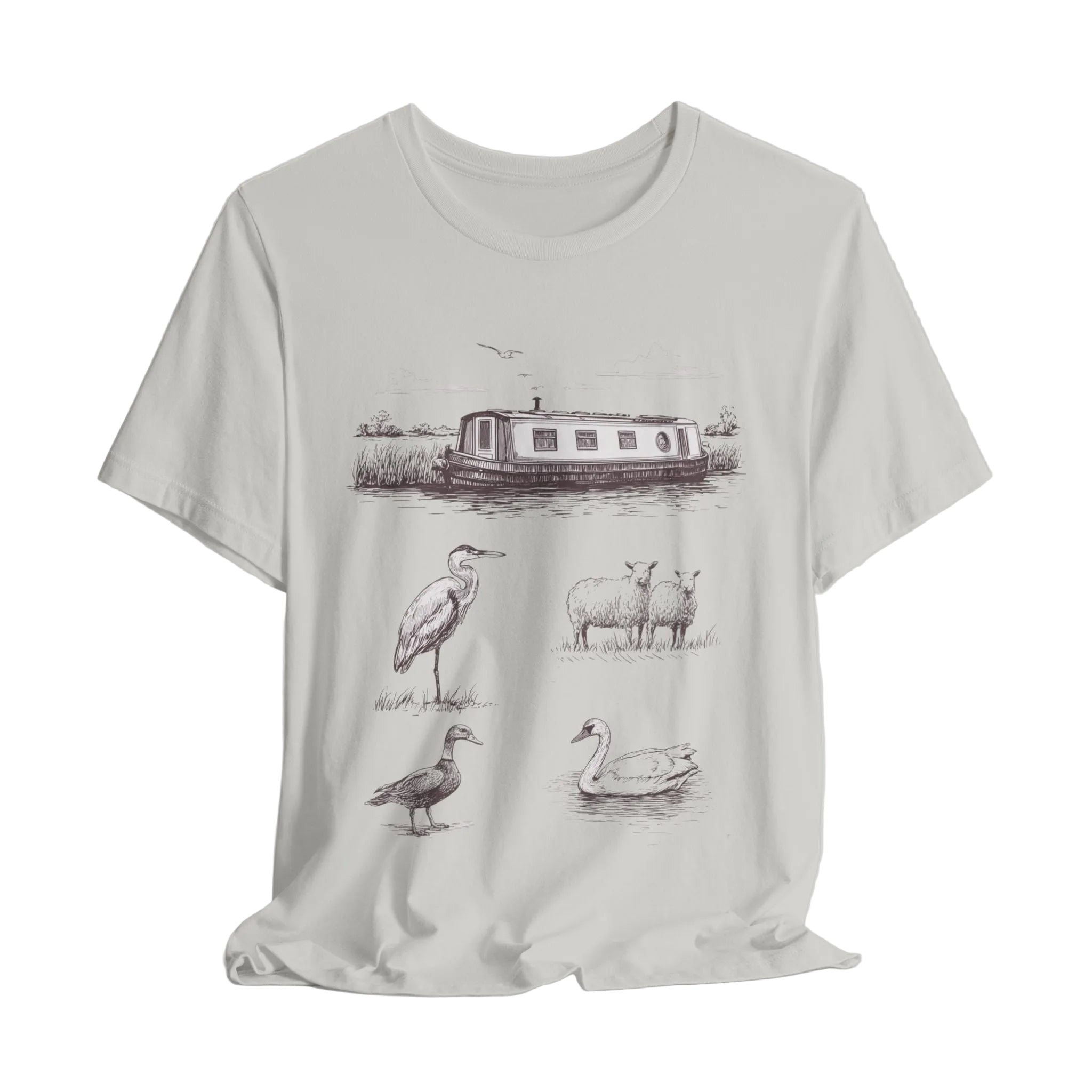 White t-shirt with black illustrations of a houseboat, sheep, and birds on a white background