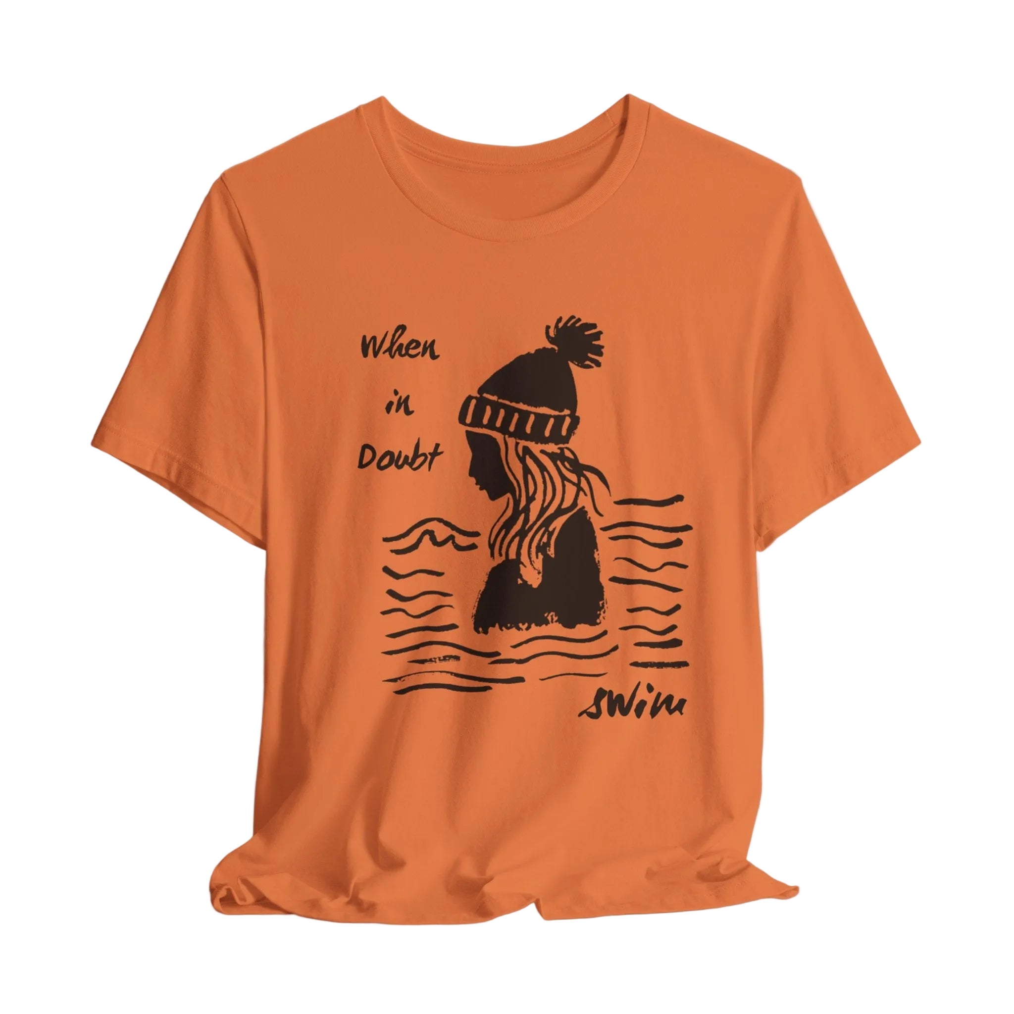 Orange t-shirt with black graphic and text on a white background