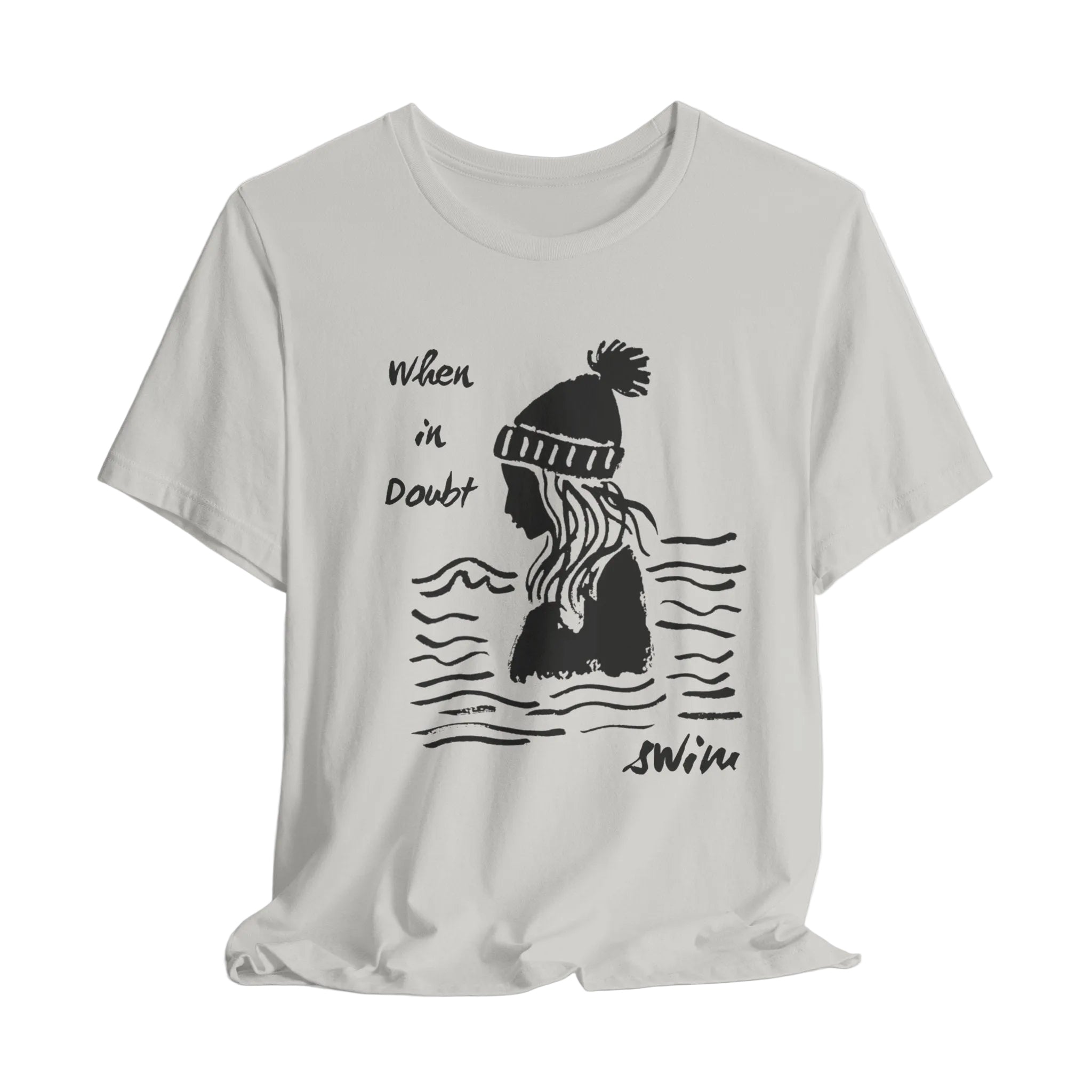 White t-shirt with black graphic and text on a white background