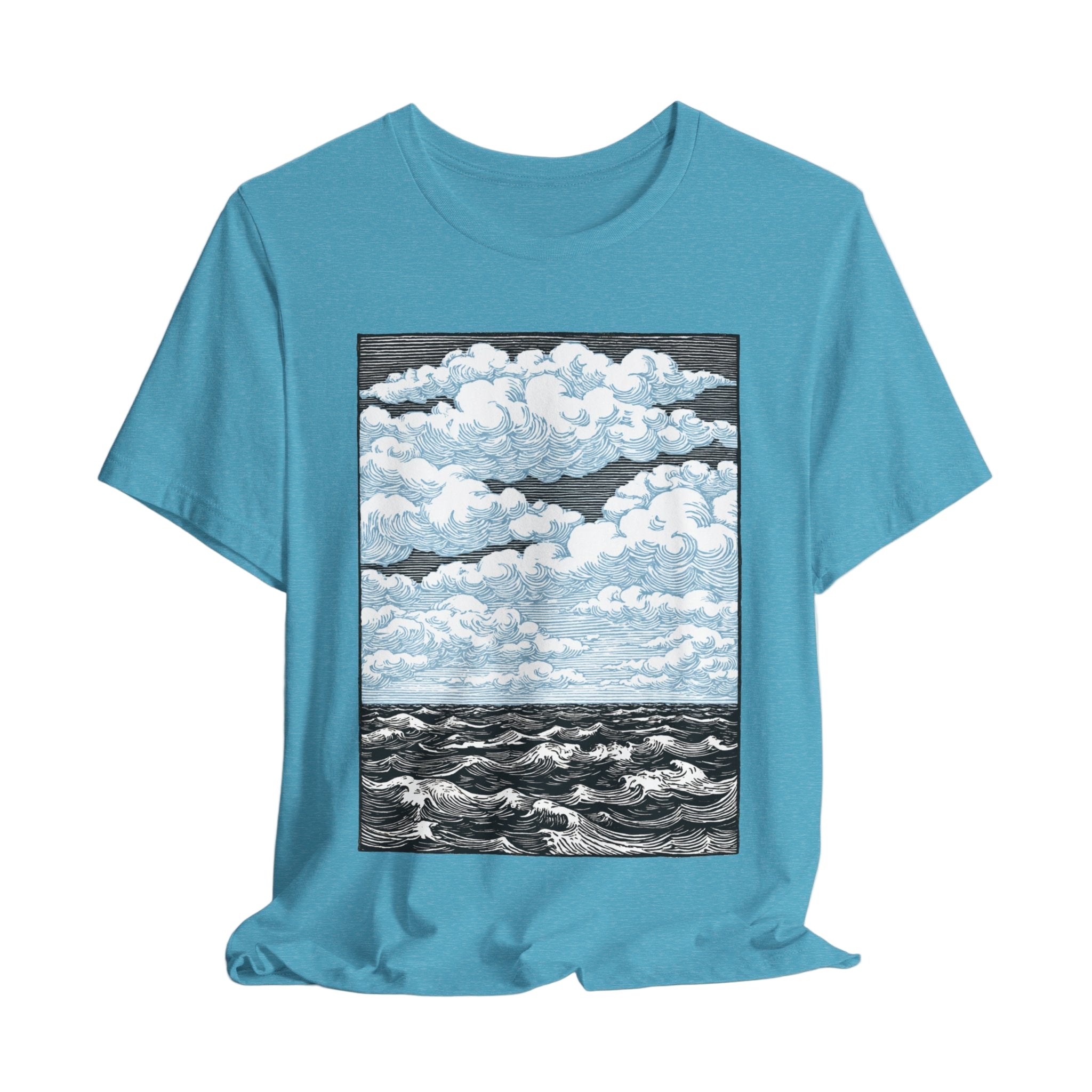 Blue t-shirt with a graphic of clouds and water on a white background