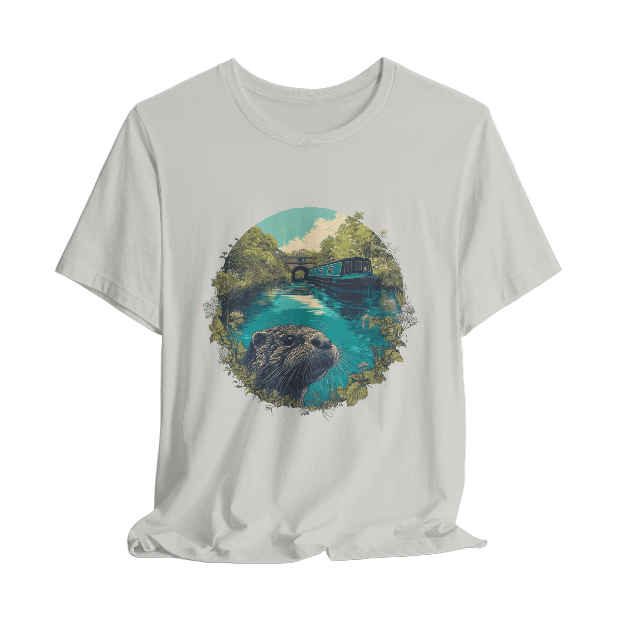 White t-shirt with a graphic of an otter and nature scene on a white background
