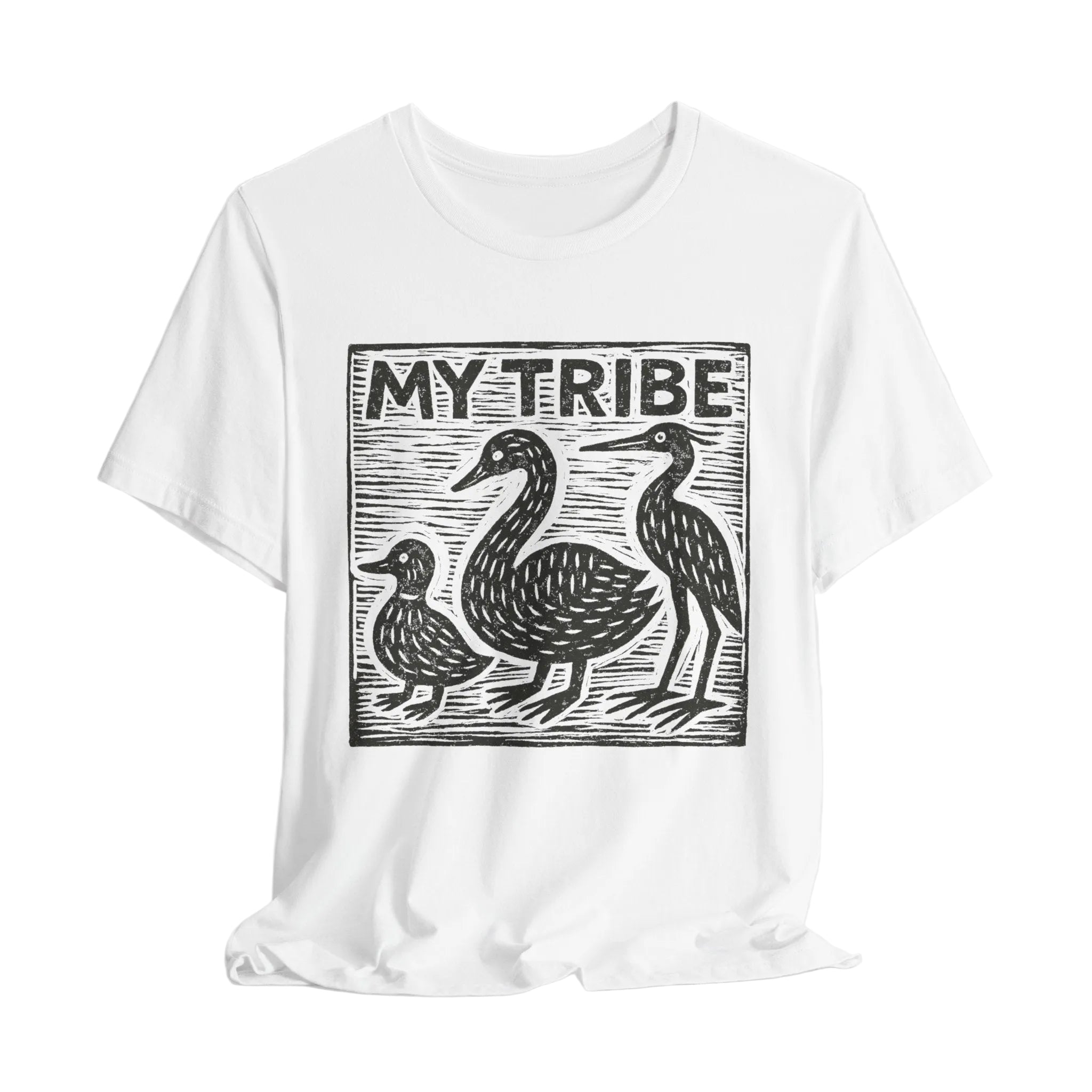 White t-shirt with black graphic of birds and 'MY TRIBE' text on a white background