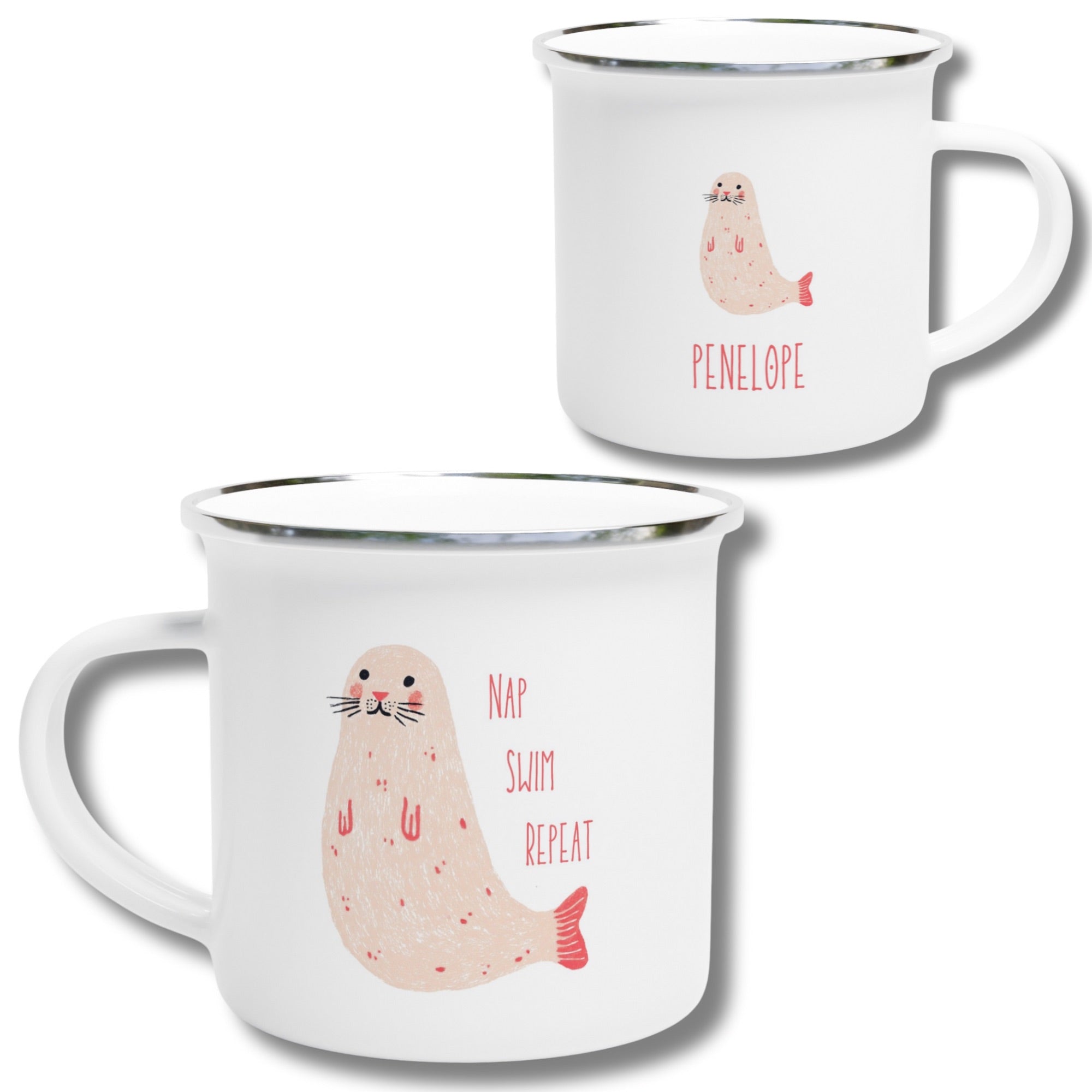 ‘Nap, Swim, Repeat’ Seal Enamel Mug