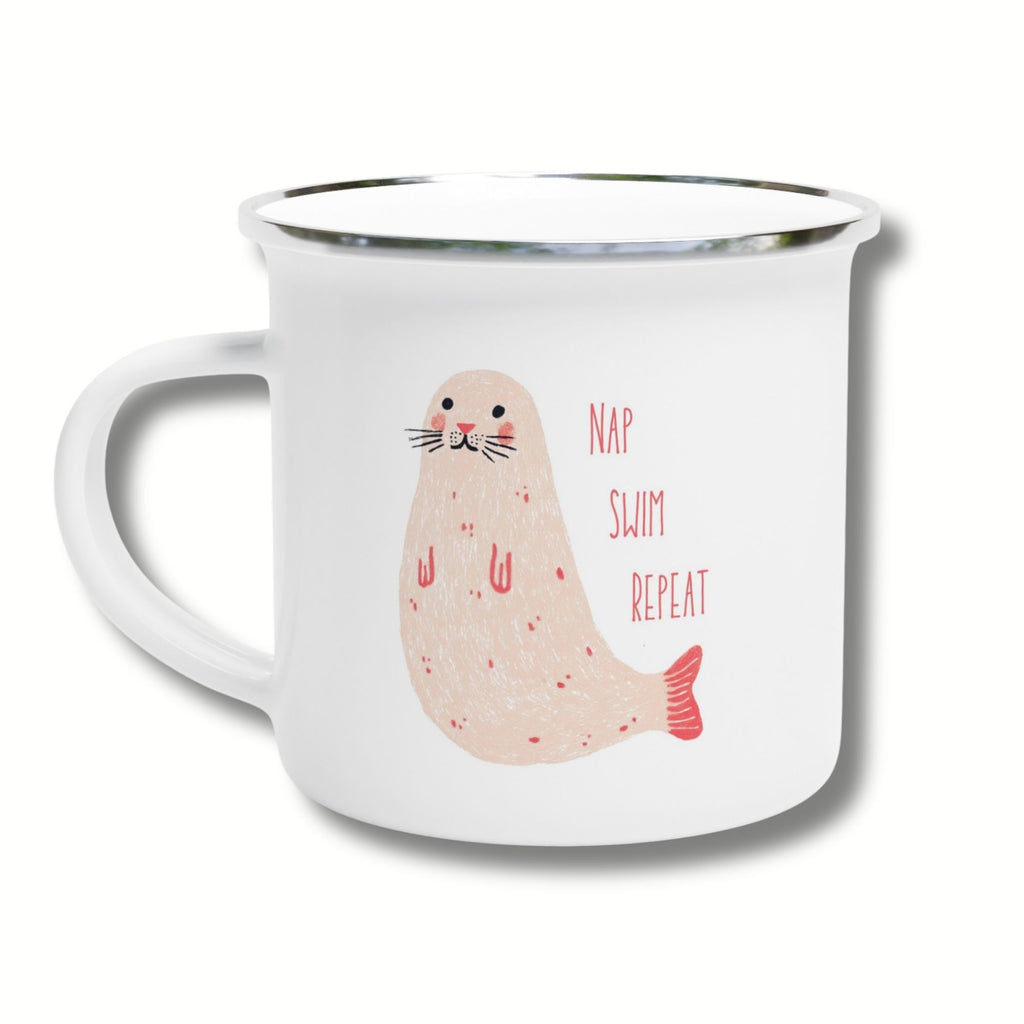 ‘Nap, Swim, Repeat’ Seal Enamel Mug