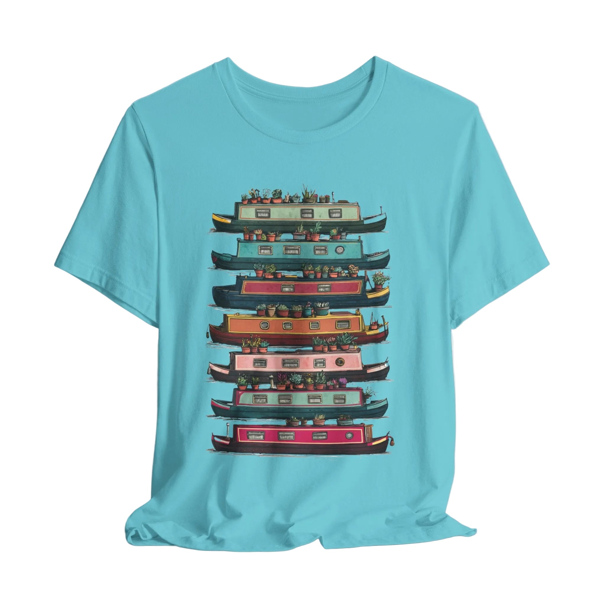 Light blue t-shirt with a colorful graphic of stacked boats on a white background