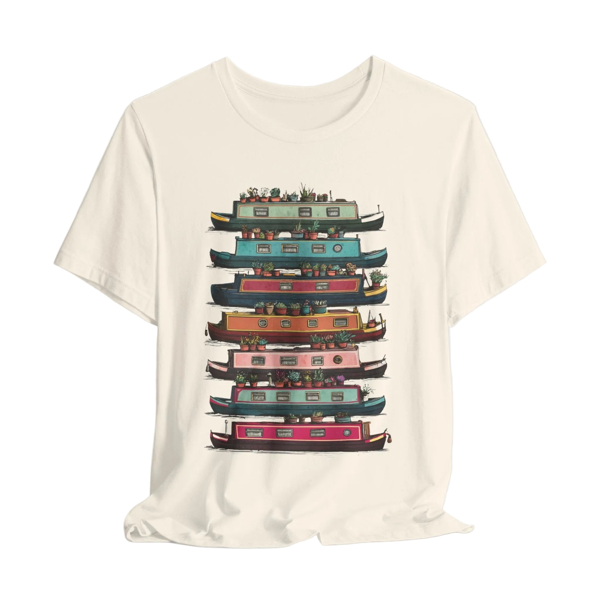 White t-shirt with colorful boat graphic on a light gray background