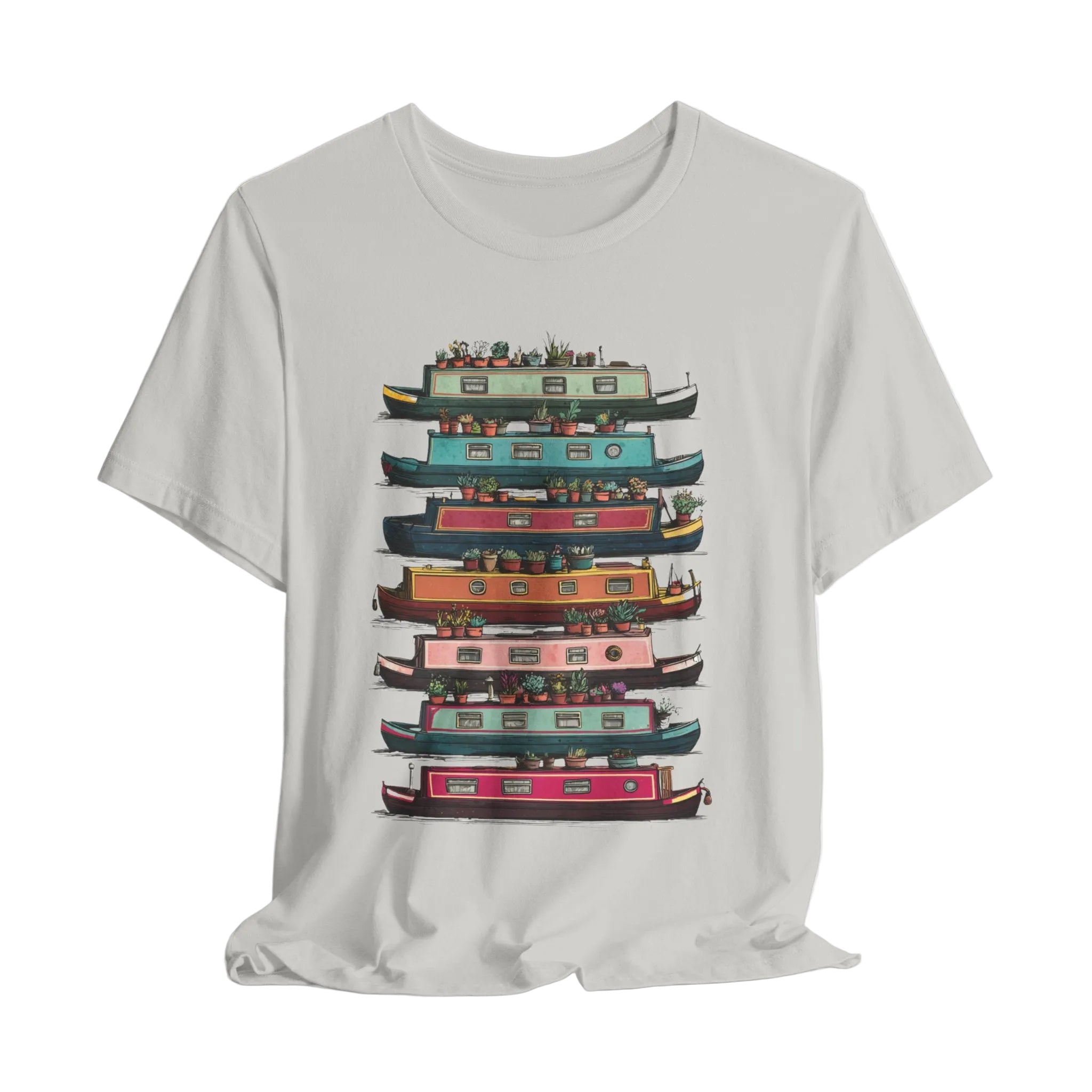 Gray t-shirt with colorful boat graphic on a white background