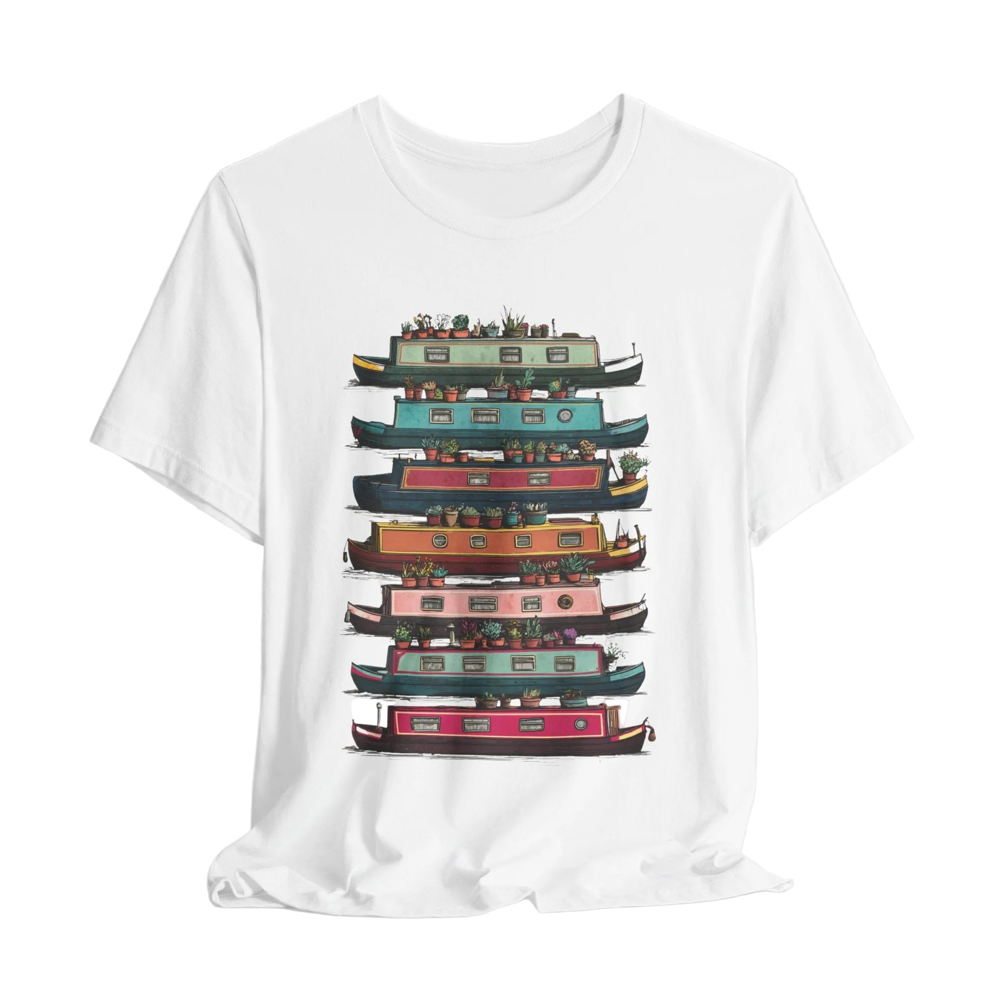 White t-shirt with colorful boat illustration on a white background